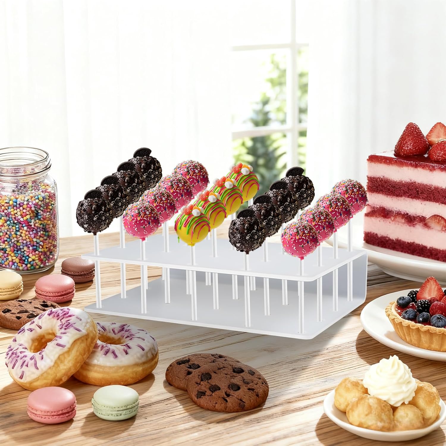 304 Pcs Cake-Making Kits, 2 Pcs Spherical and Shaped Molds, 2 Pcs 20-Hole Display Stands, 100 Pcs Sticks, 100 Pcs Wrapping Papers, 100 Pcs Gold Twist Ties, Cake Pop Mold (Red)