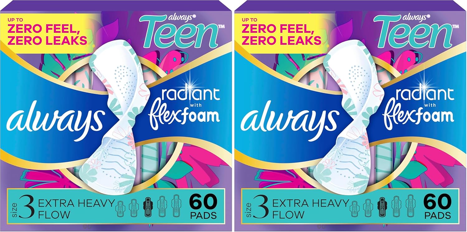 Always Radiant Teen Pads, Size 3, Extra Heavy, with Wings, Unscented,60 Count (Pack of 2)