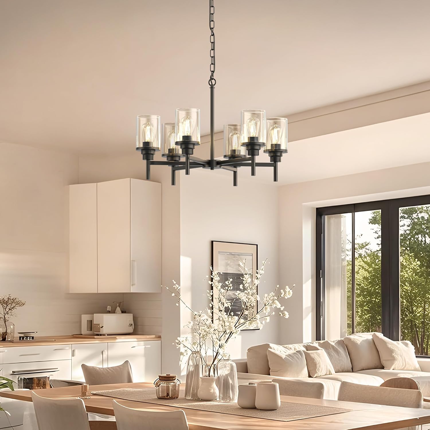 DORESshop 6-Light Black Farmhouse Chandeliers for Dining Room, Adjustable Height Modern Farmhouse Chandelier with Clear Glass Shade for Living Room, Bedroom, Kitchen Island and Foyer Entryway