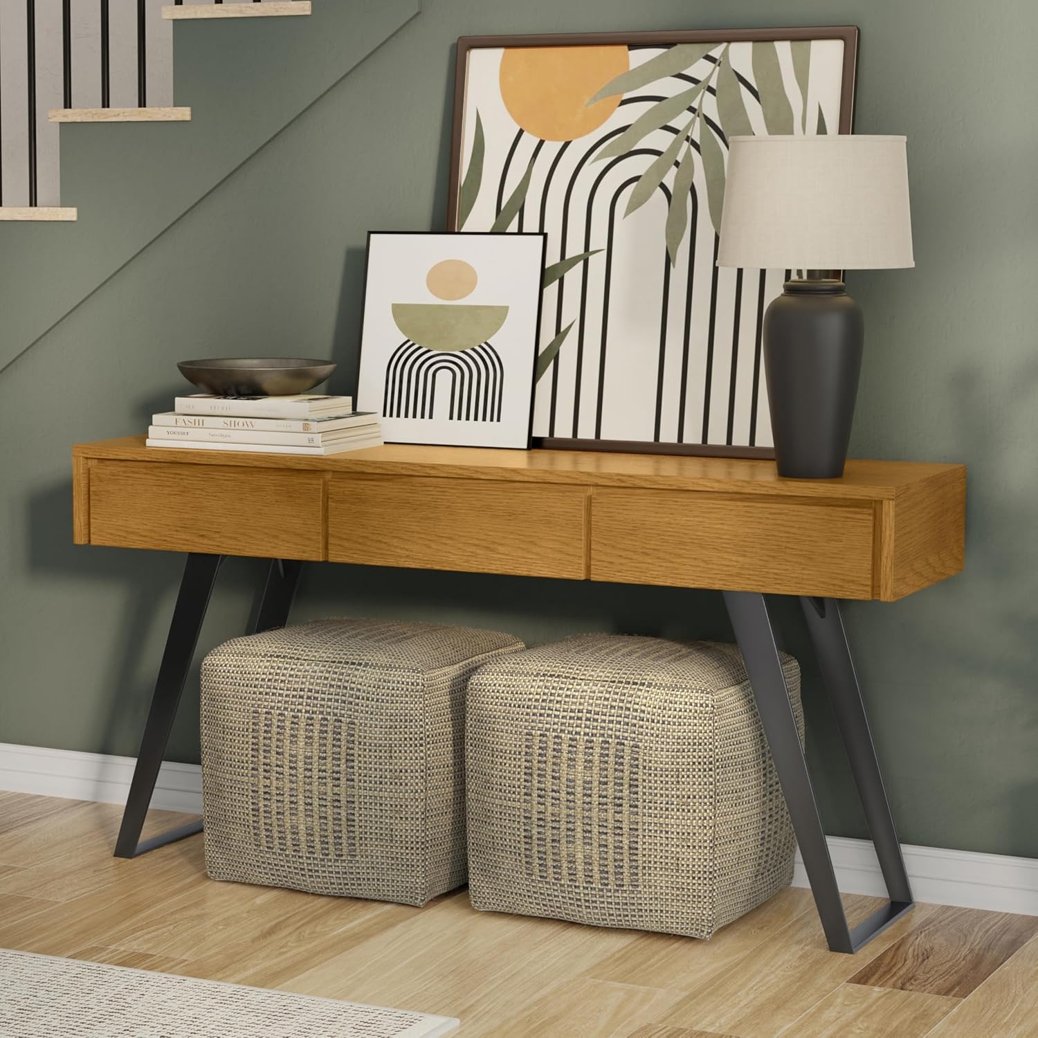 SIMPLIHOME Lowry Console Table - 60 Inch Wide Solid Oak Veneer and Metal Sofa Table in Oak, Modern Industrial Storage Table for Entryway or Living Room with 3 Drawers and Angled Metal Legs