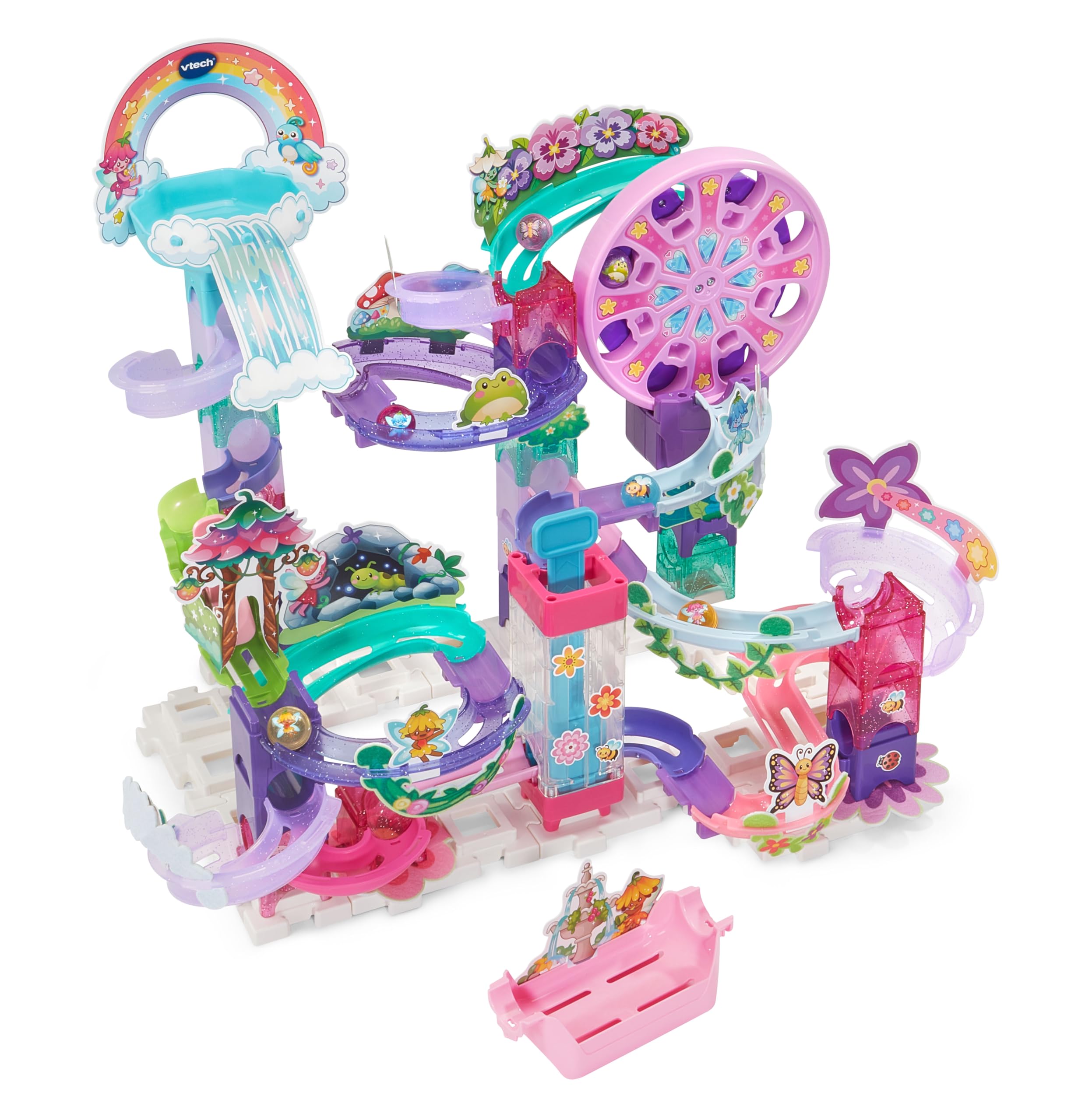VTech Marble Rush Petal Power, Juego de construcción para niños, 96 Piezas de construcción y 6 canicas, Carrera interactiva de mármol con temática de Flores, Juego imaginativo, Adecuado para 4, 5, 6