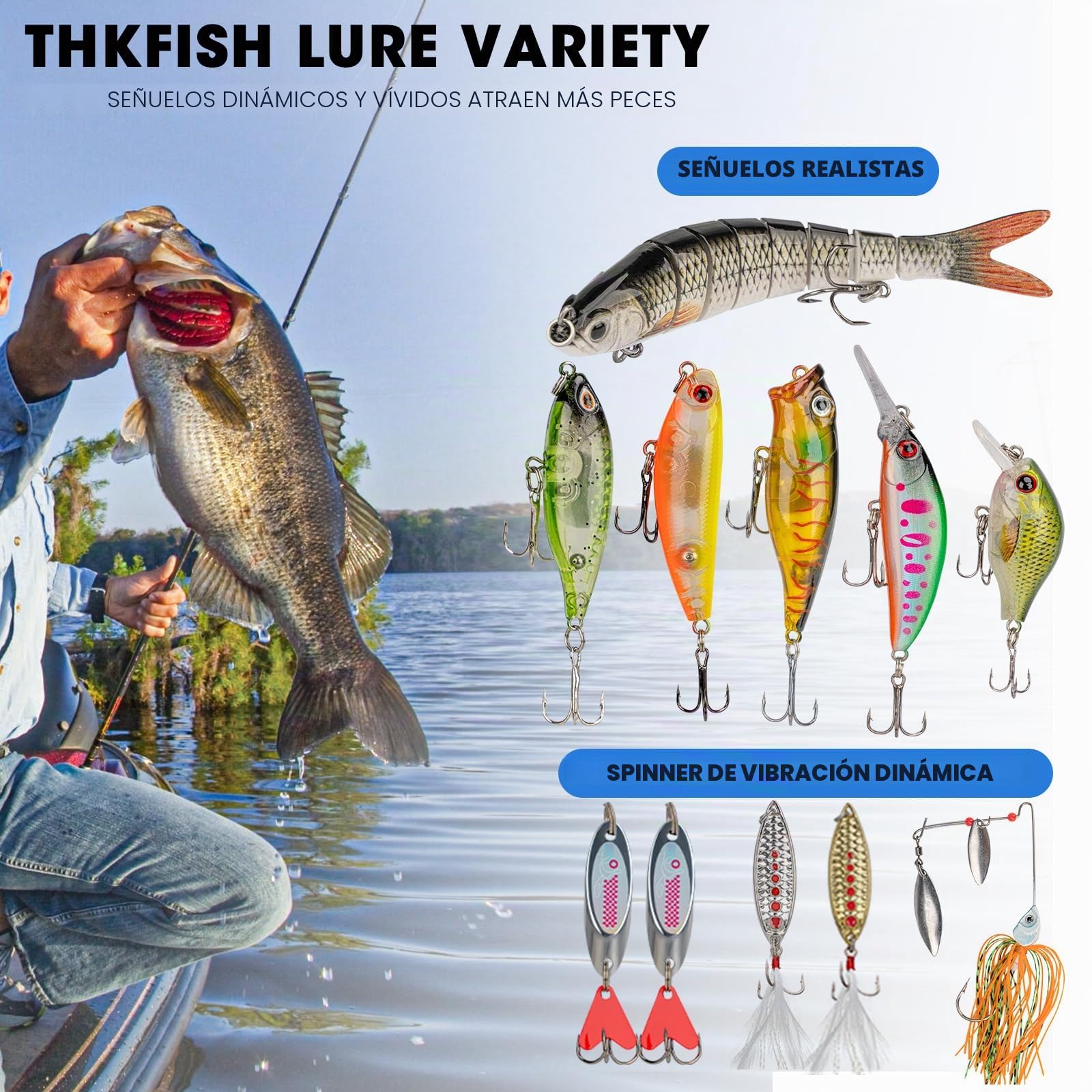 THKFISH Kit de señuelos de pesca, equipo de pesca de lubina para agua dulce y salada, caja de aparejos con aparejos incluidos, cebos de agua superior, cebo giratorio, rana, ganchos/pesos, accesorios