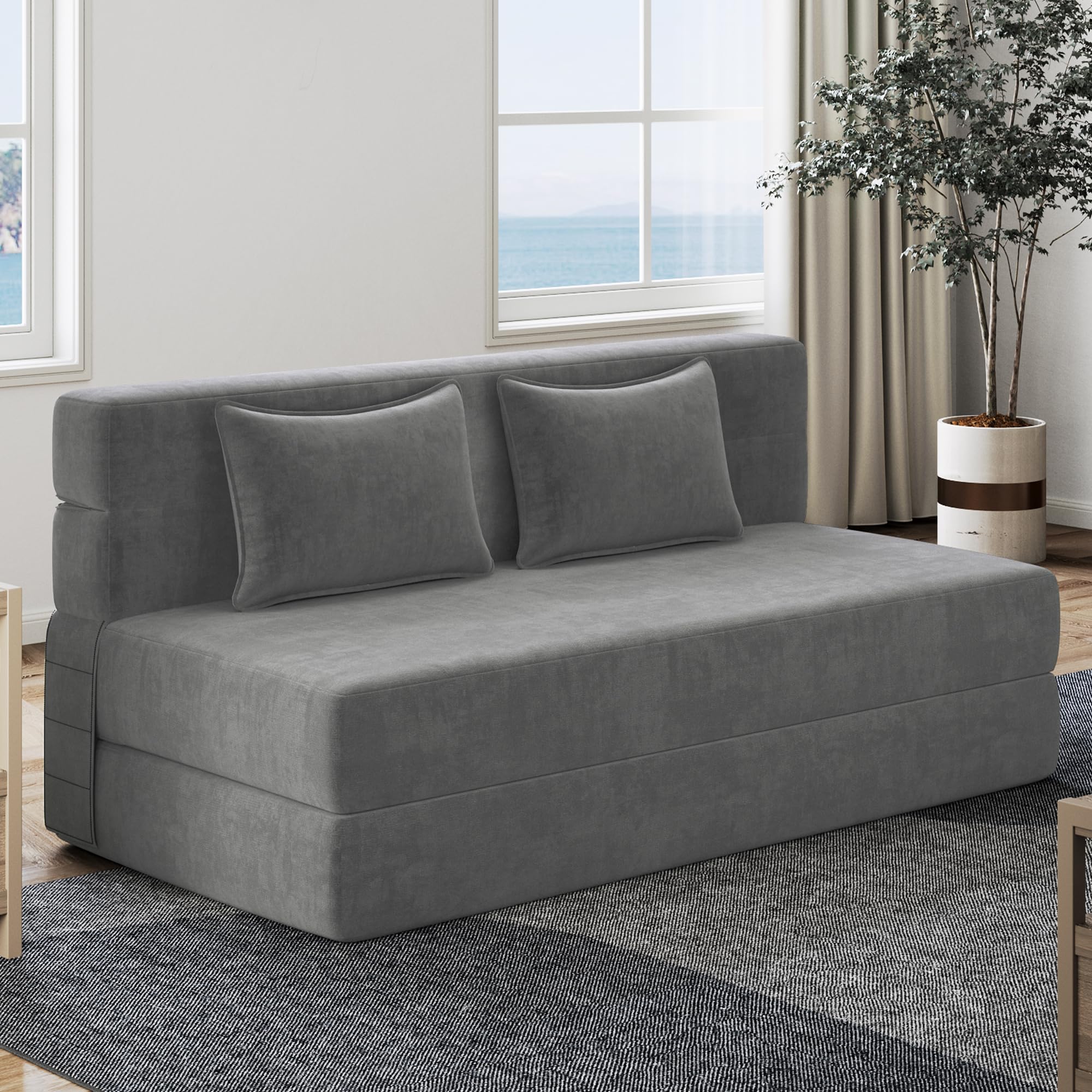 Luoxiao Folding Sofa Bed, Foldable Full Lazy Floor Couch for Adults with Pillows, Portable Convertible Futon Sleeper Chair for Small Space/Guest Room, Washable Cover, High-Density Foam, Light Grey