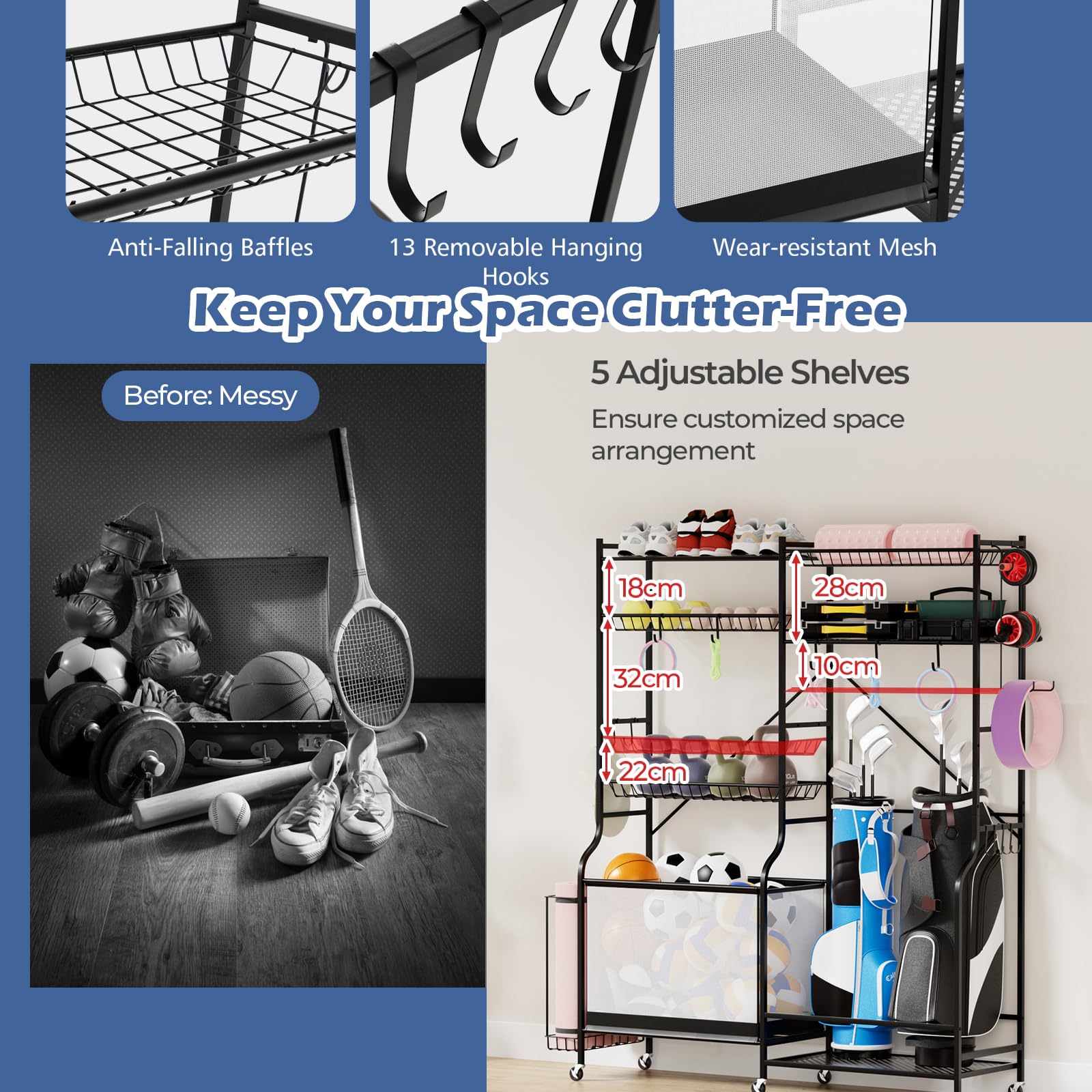 LIFEZEAL Stojak na narzędzia sportowe, mobilny, regulowany, 170 x 40 x 174 cm, 6 kół, uchwyt na piłkę, stojak na golfa, stojak na ciężary, stojak na piłkę, z 13 hakami, półka boczna, siłownia, dom