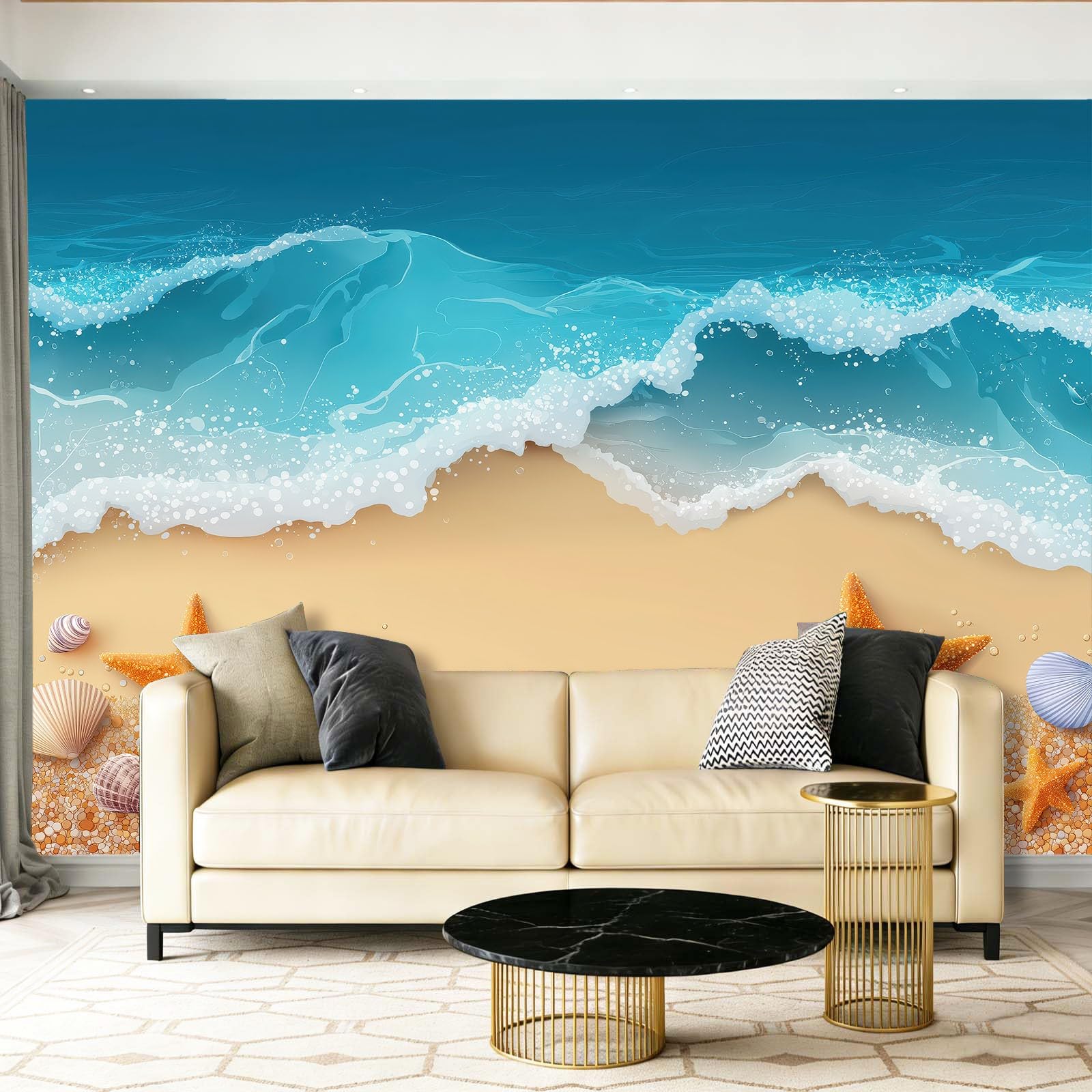 WTD Fototapete Minimalistic Modern 250 x 175 cm Papel pintado de fieltro efecto 3D playa ola estrella de mar grande foto papel pintado dormitorio salón oficina papel pintado decoración de pared