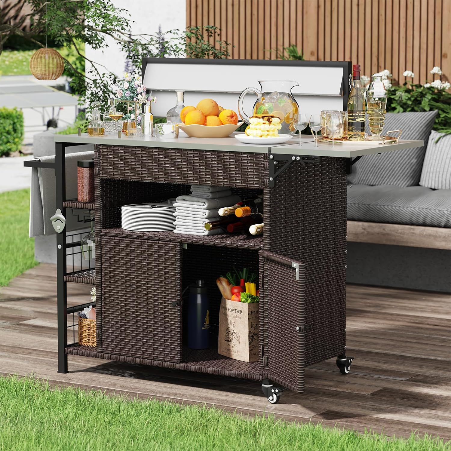 AECOJOY Outdoor Grill Table with Storage, Wicker Kitchen Island Grill Cart with Cabient and Movable Wheels and Spice Rack, Stainless Steel Prep Top Table for Outside BBQ Backyard