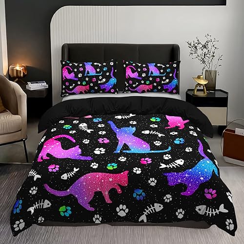 Miniatura 16 de Cartoon Cat Comforter Cover Set - Queen Size, Gradient Line Cat Bedding Set with Zipper for Kids Teens Boys Girls Adult Room Decor - 1 Quilt Cover 2
