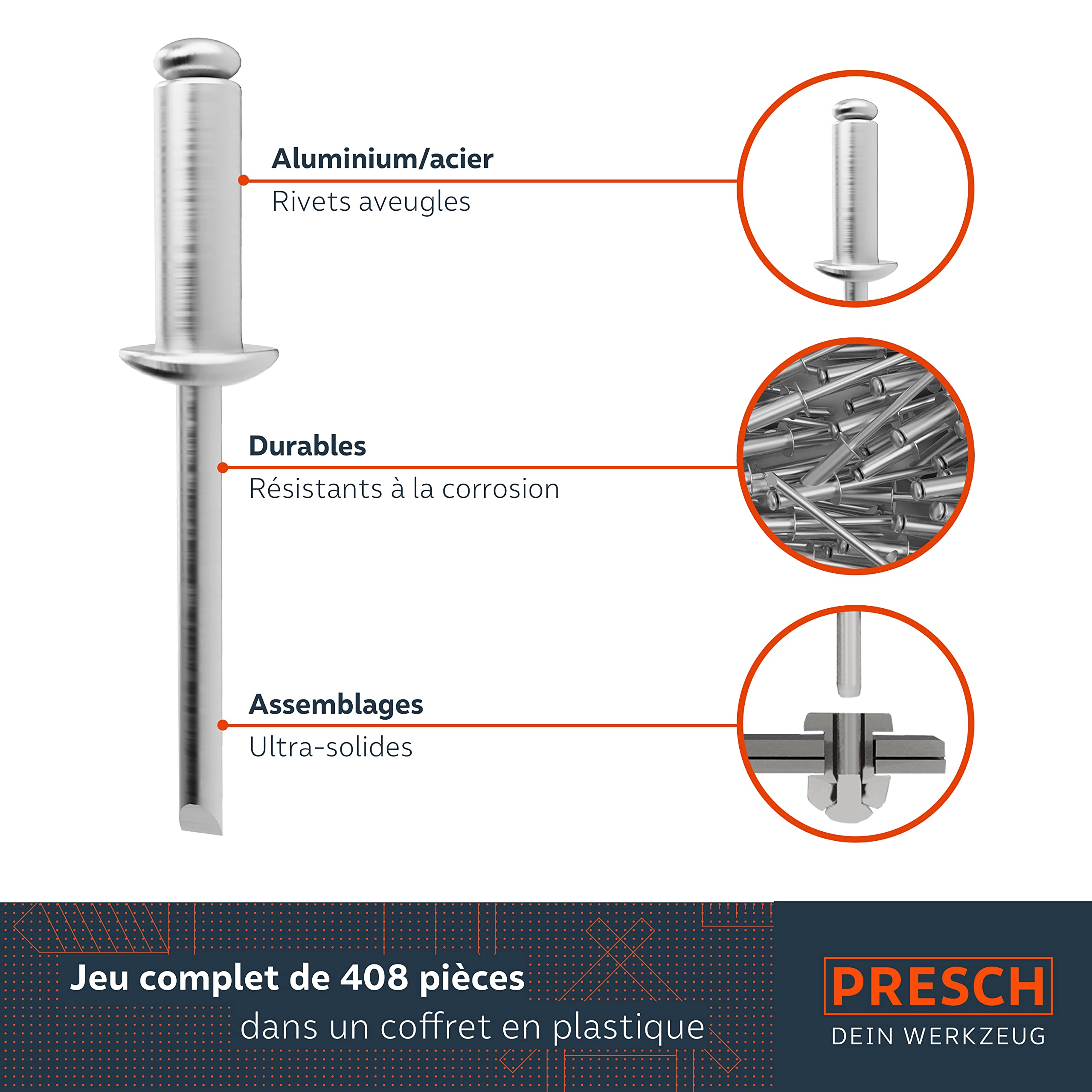 Presch Kit de rivets aveugles 408 pièces avec forets HSS - Lot de 400 rivets alu/acier 2,4mm, 3,2mm, 4,0mm et 4,8mm et 8 forets HSS correspondants 2,5mm, 3,3mm, 4,1mm et 4,9mm