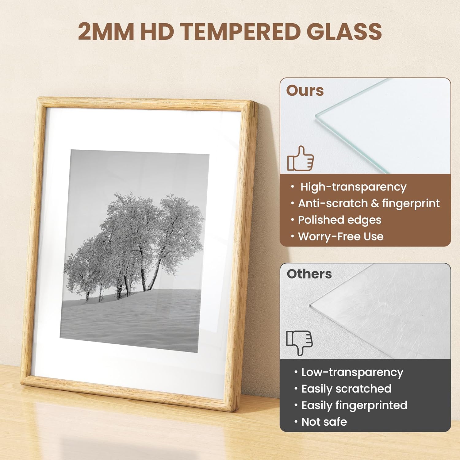 11x14 Picture Frame, Natural Solid Oak Wood, Displays 8x10 with Mat or 11x14 Without Mat, Tempered Real Glass, Rounded Corner Wooden Photo Frames for Wall Mounting