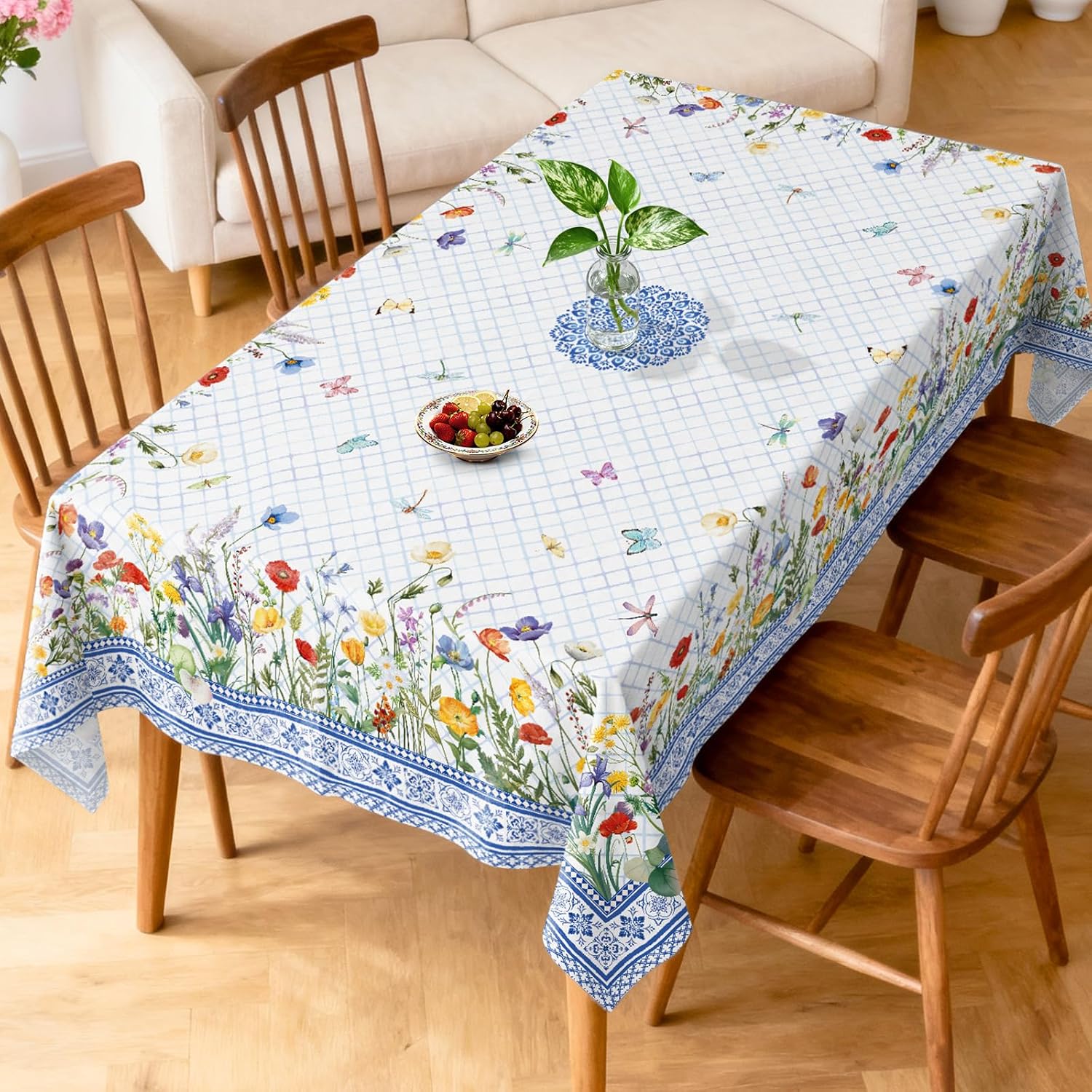Blue Floral Table Cloth Rectangle Machine Washable Tablecloth, 84 * 60 inch, Polyester Spring Elegant Table Cover for Kitchen Dinner Party Outdoor Decor