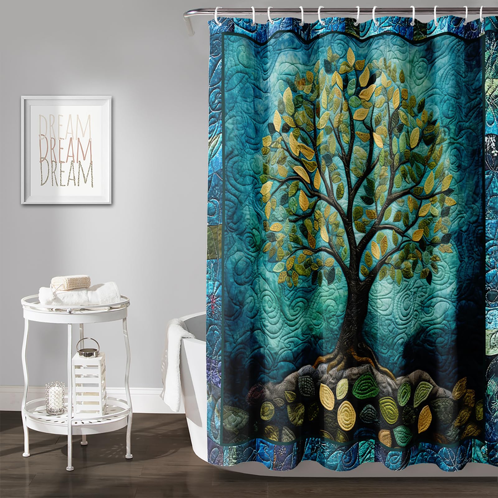 AILONEN Kids Tree of Life Shower Curtain,Green Leaves Printed Waterproof Bath Curtain for Adults,Boho Vintage Tree of Life Blue Bathroom Decor + Plastic Hooks, 72