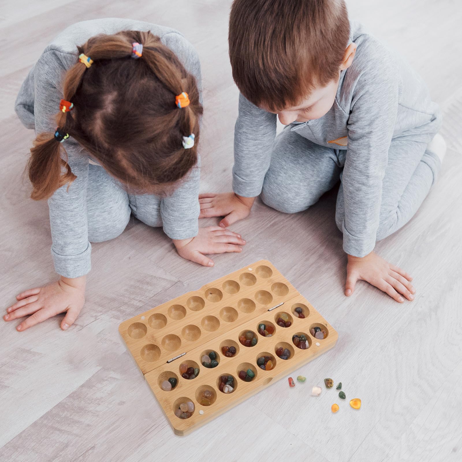 Juego de Mancala Infantil Plegable de Bambú y Piedra, 1 Juego Educativo