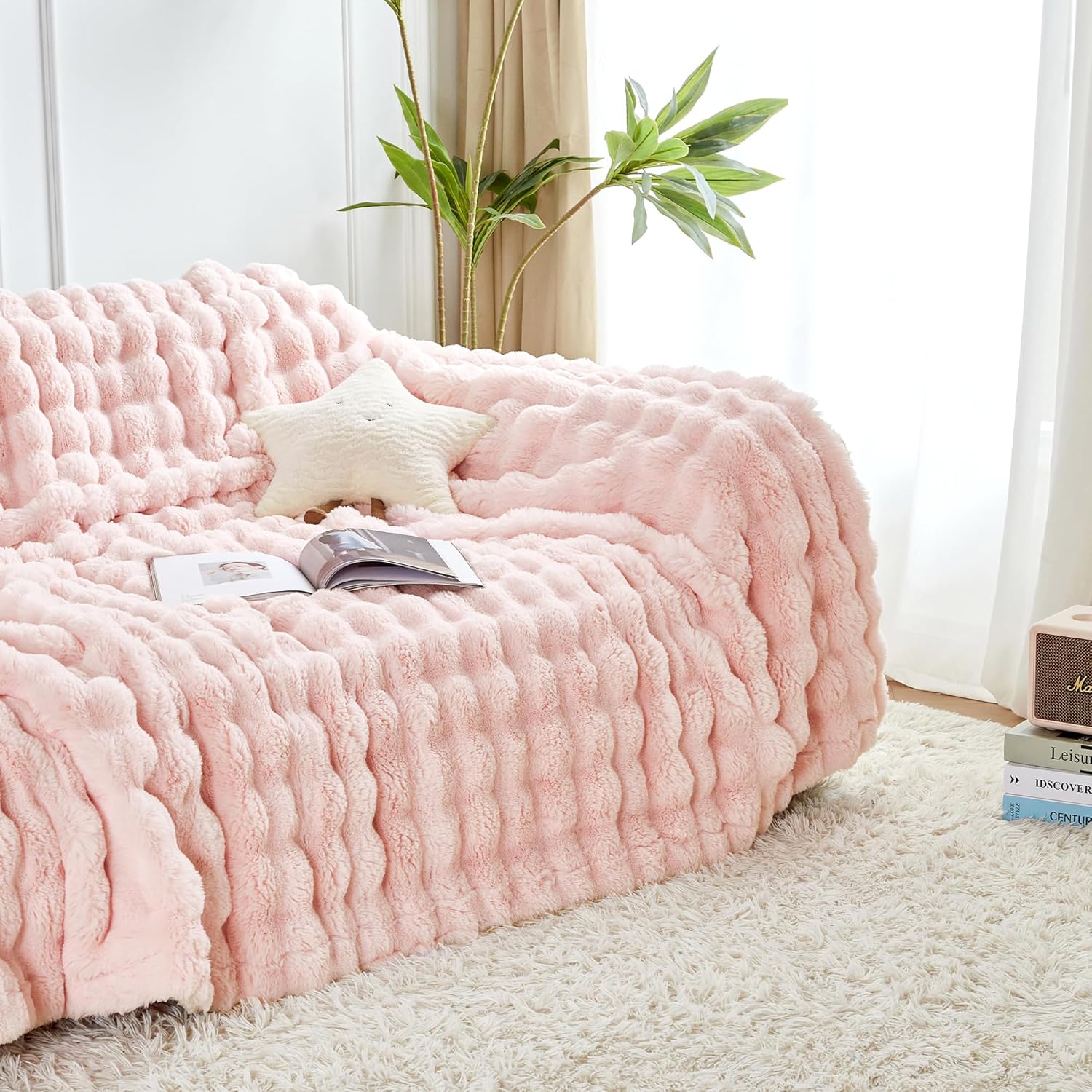 60x80 Inches Ultra-Soft Fuzzy Faux Fur Plush Twin Size Blanket - Thick, Warm Sherpa for Couch, Sofa, Bedroom, Camping - Decorative Blanket for Cozy Warmth, Bubble Pink - Image 5