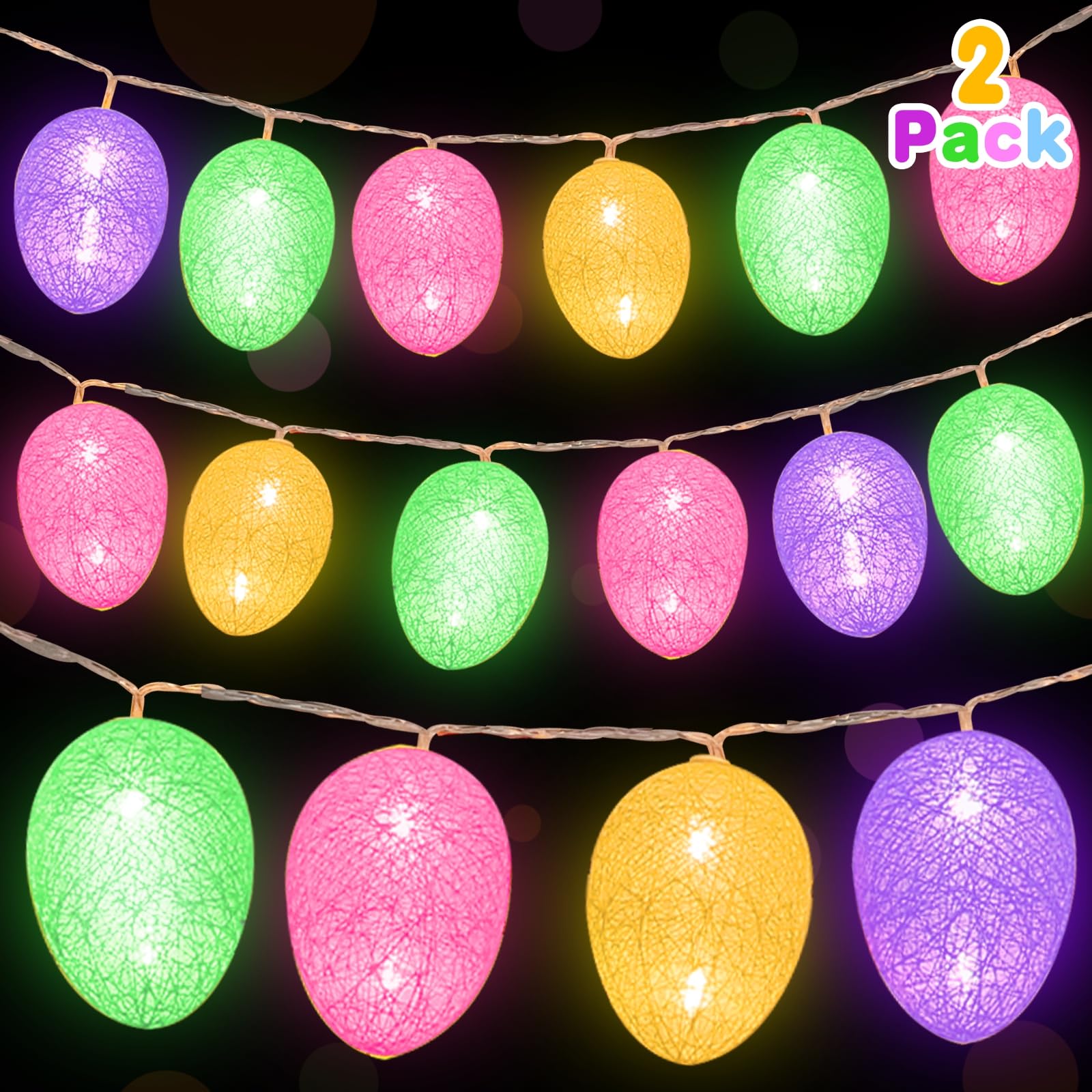 TURNMEON 2 Pack Easter Decorations Egg String Lights,2 Modes Total 20Ft 40LED Easter Egg Lights Battery Operated Colorful Velvet Fairy Egg String Lights Indoor Home Easter Hunt Decor,Each 10 Ft 20 LED