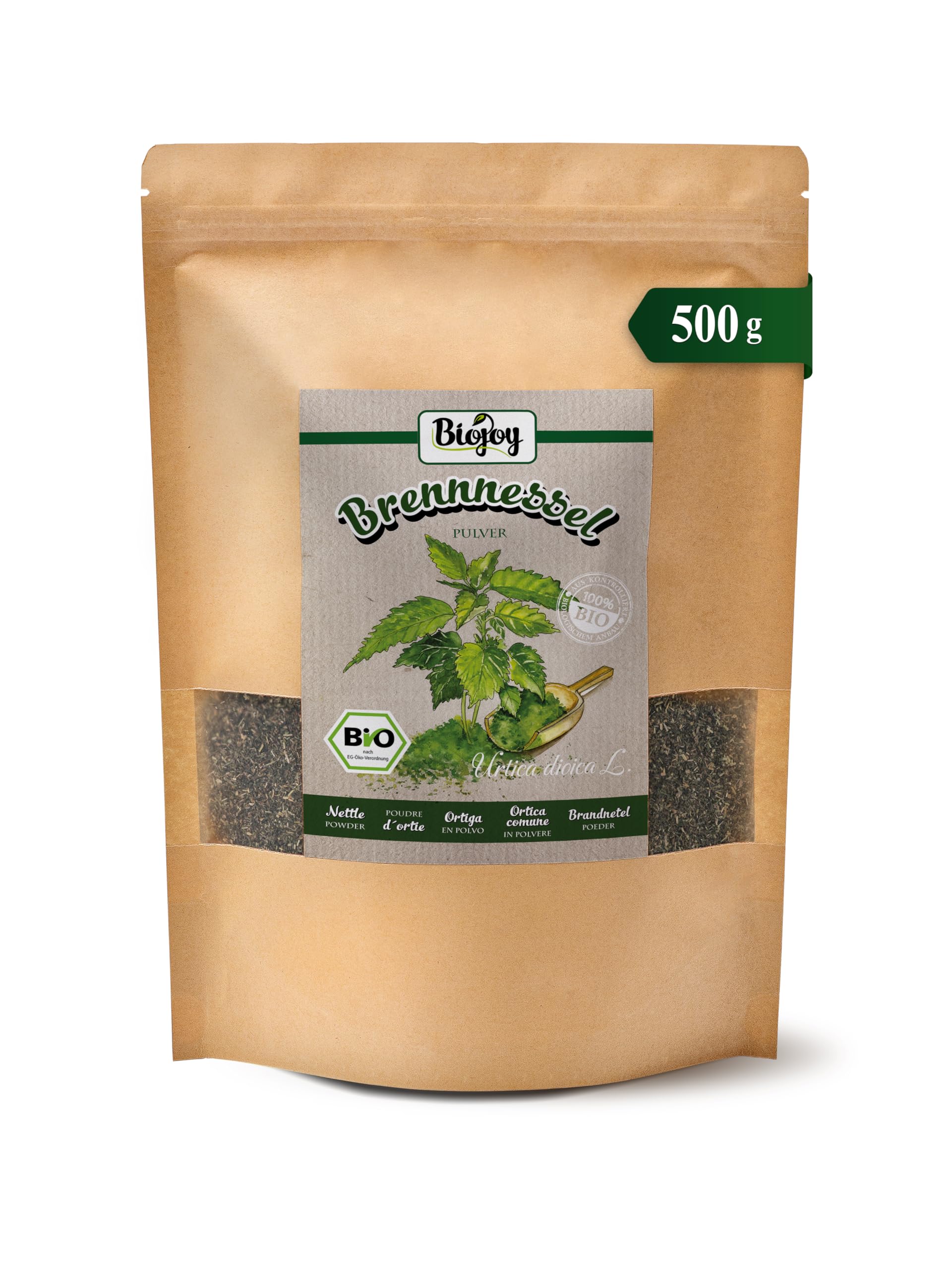 Biojoy Ortica in Polvere BIO (500 g), Foglie di Ortica Essiccate e Macinate, Tè all'ortica (Urtica dioica)