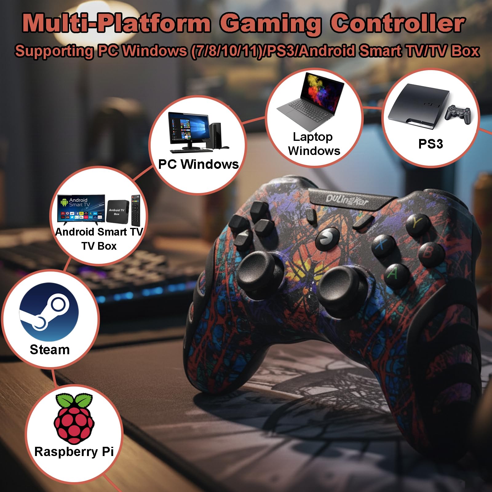 DuLingKer Controller PC Wireless, Controller PS3 PC Joystick con Hall Effect Joystick e Doppia Vibrazione, Wireless 2,4G Gaming Gamepad per Windows 11 10 8 7, PS3, Android TV, Steam, Raspberry Pi