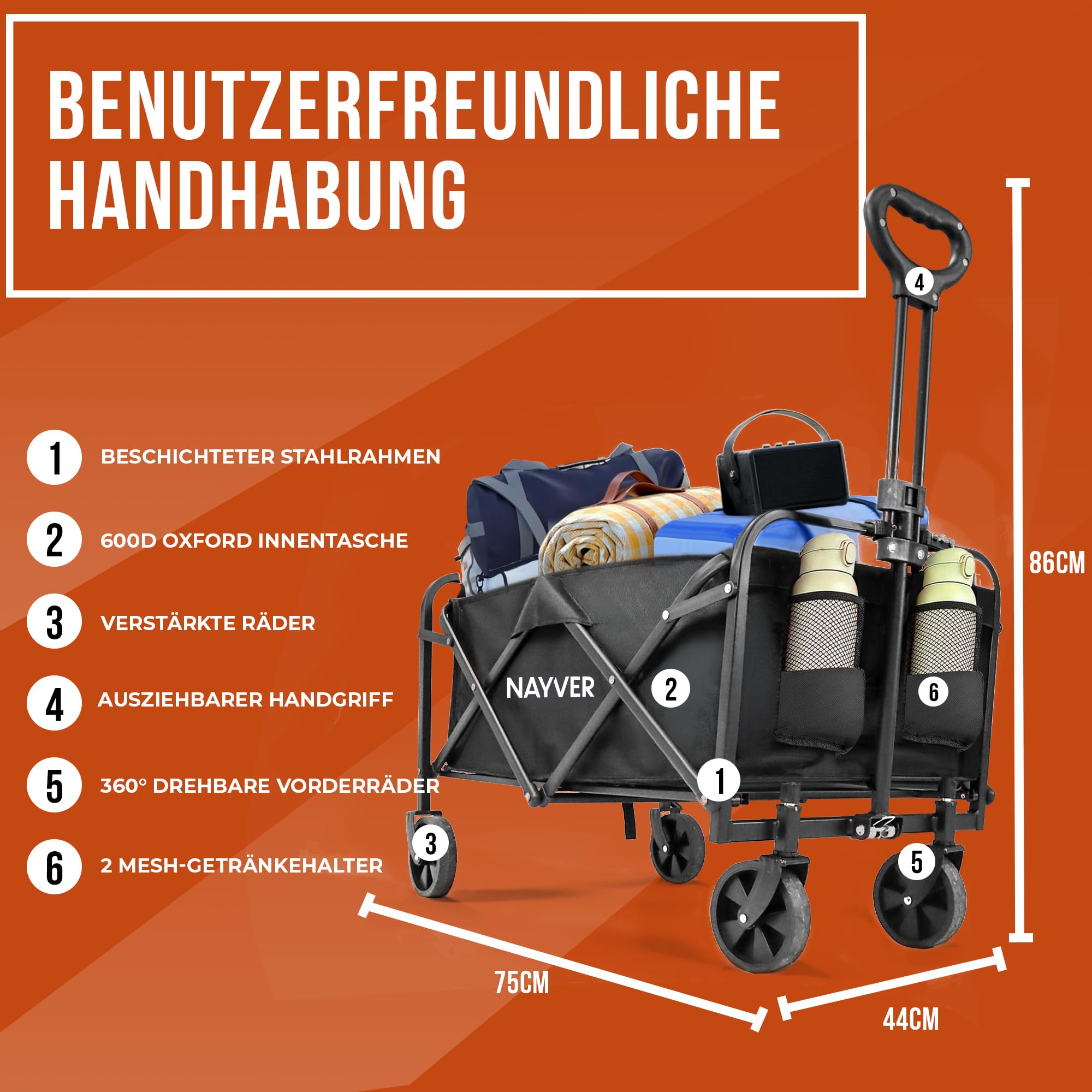 Faltbarer Bollerwagen Camping Trolley Handwagen | Bis 80kg Tragkraft, 60L Volumen, 360° Rädern, 600D Oxford & Stahlrahmen, Für Camping, Angeln & Festivals