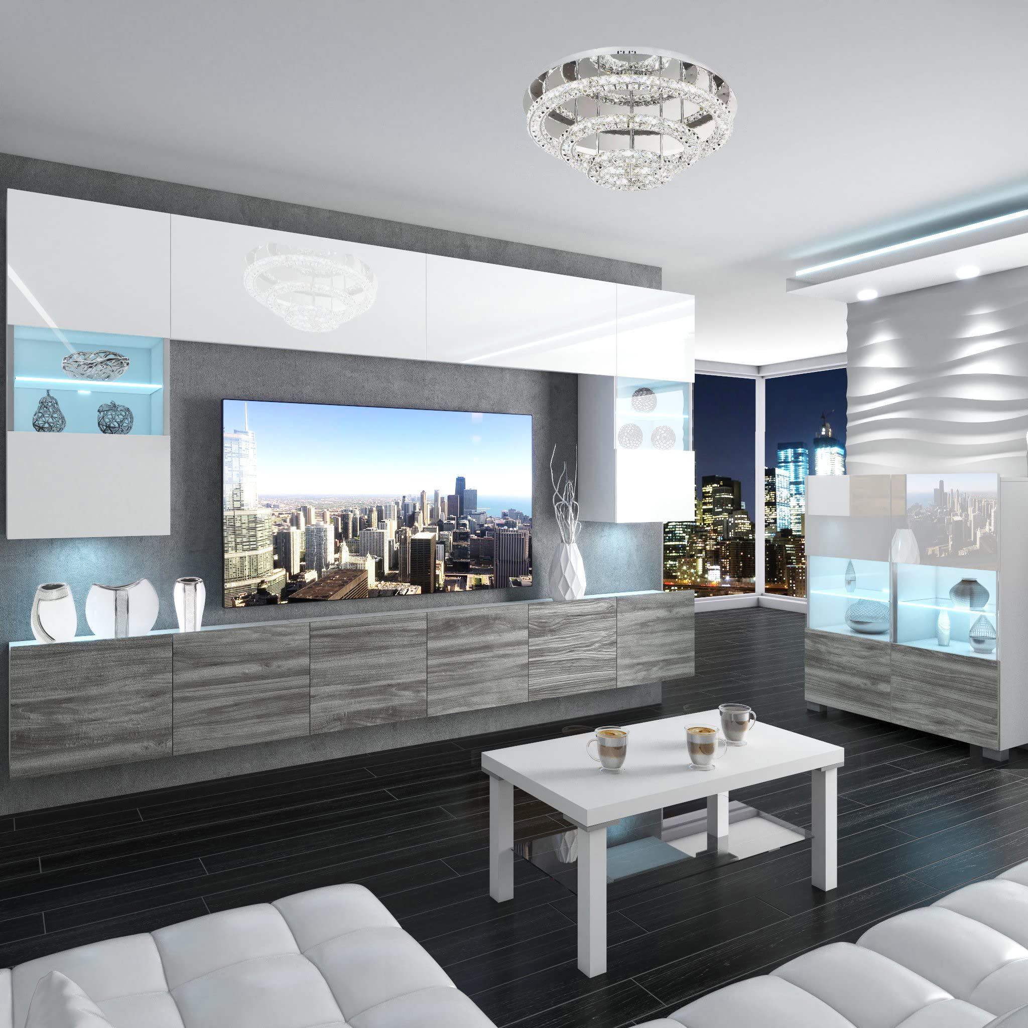 BELINI Wohnwand Vollausstattung Wohnzimmer-Set Moderne Schrankwand mit LED-Beleuchtung Anbauwand TV-Schrank Weiß/Eiche Glamour