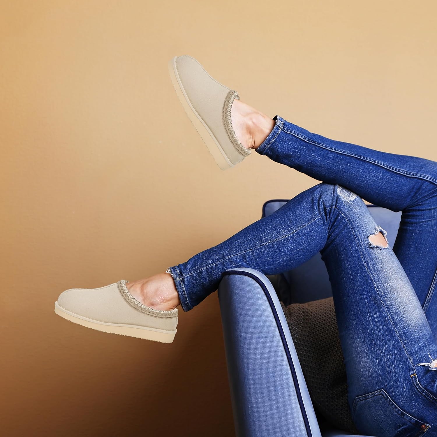 POLAR Women’s Faux Suede Shearling Lined Slippers - Warm Memory Foam Indoor Outdoor Slip-On House Shoes with Aztec Trim - Non-Slip Sole for Winter Cosy Comfort - Image 2