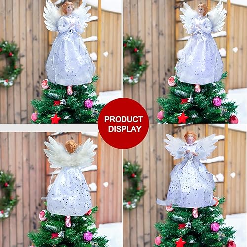 Miniatura 7 de Decoración de árbol de ángel de Navidad con alas de plumas blancas, adorno de estrella de ángel de Navidad con 10 luces LED marfil claro para