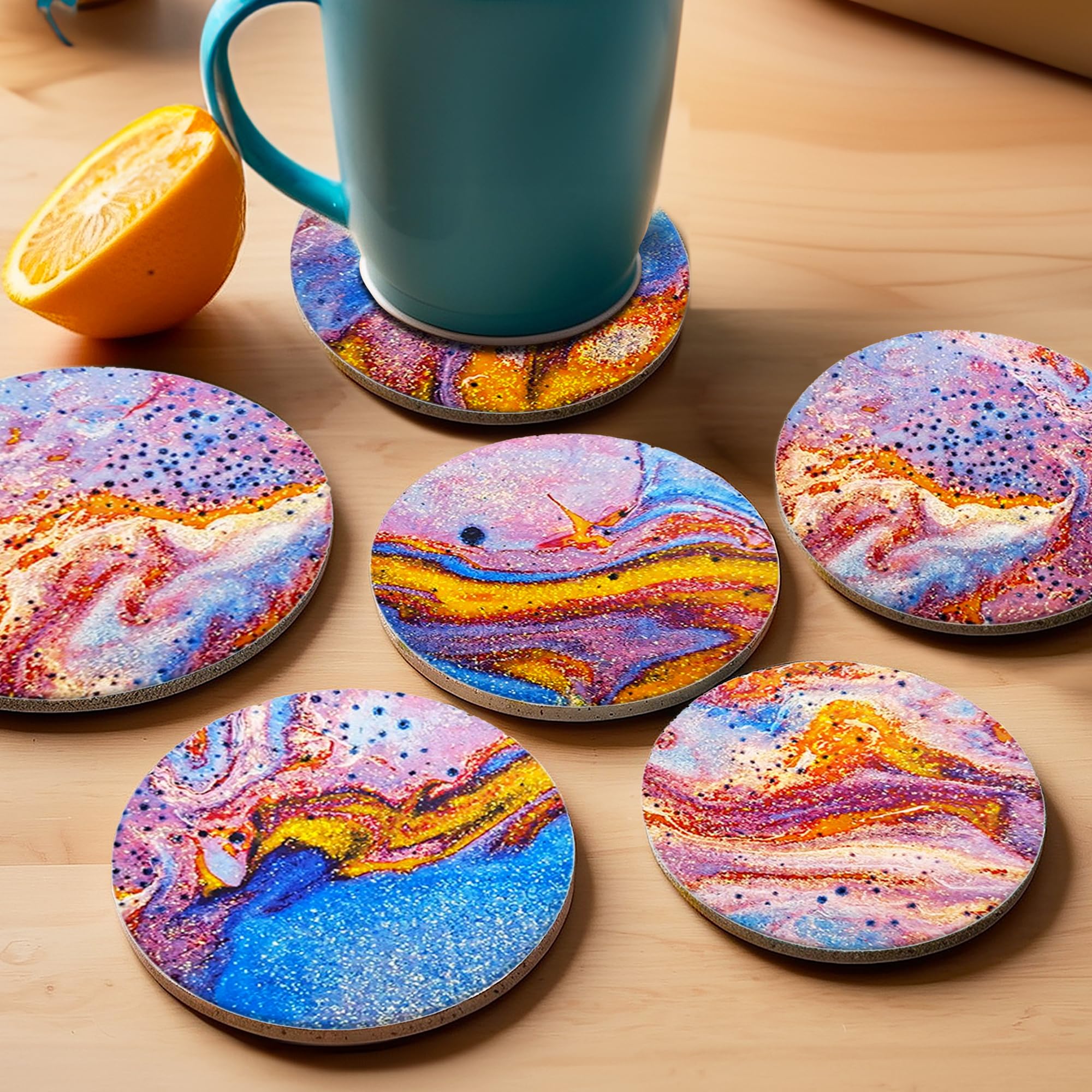 UMAI Ceramic Coasters Set of 6 (Dia - 10cm, 8mm Thick) | Dining Table Decor Accessories | Cups/Coffee Mugs/Glasses Coaster Set | Glass Cover Lid | Kitty Party Return Gifts for Women (Design 1)
