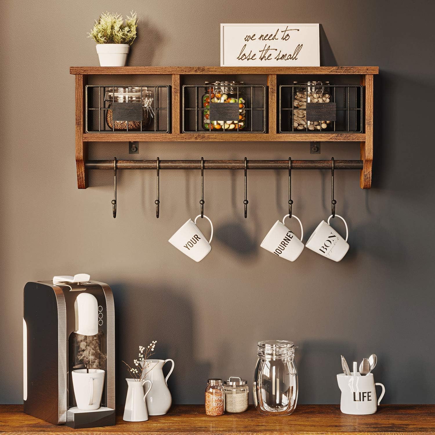 Rolanstar Kitchen Baker's Rack, Large Capacity Utility Storage Shelf, Microwave Stand with 7 Shelves and 12 Hooks, Foldable Pull Basket with Rustic Wall Mounted Storage Cabinets Coat Rack 6 Hooks Han - Standing Baker's Racks