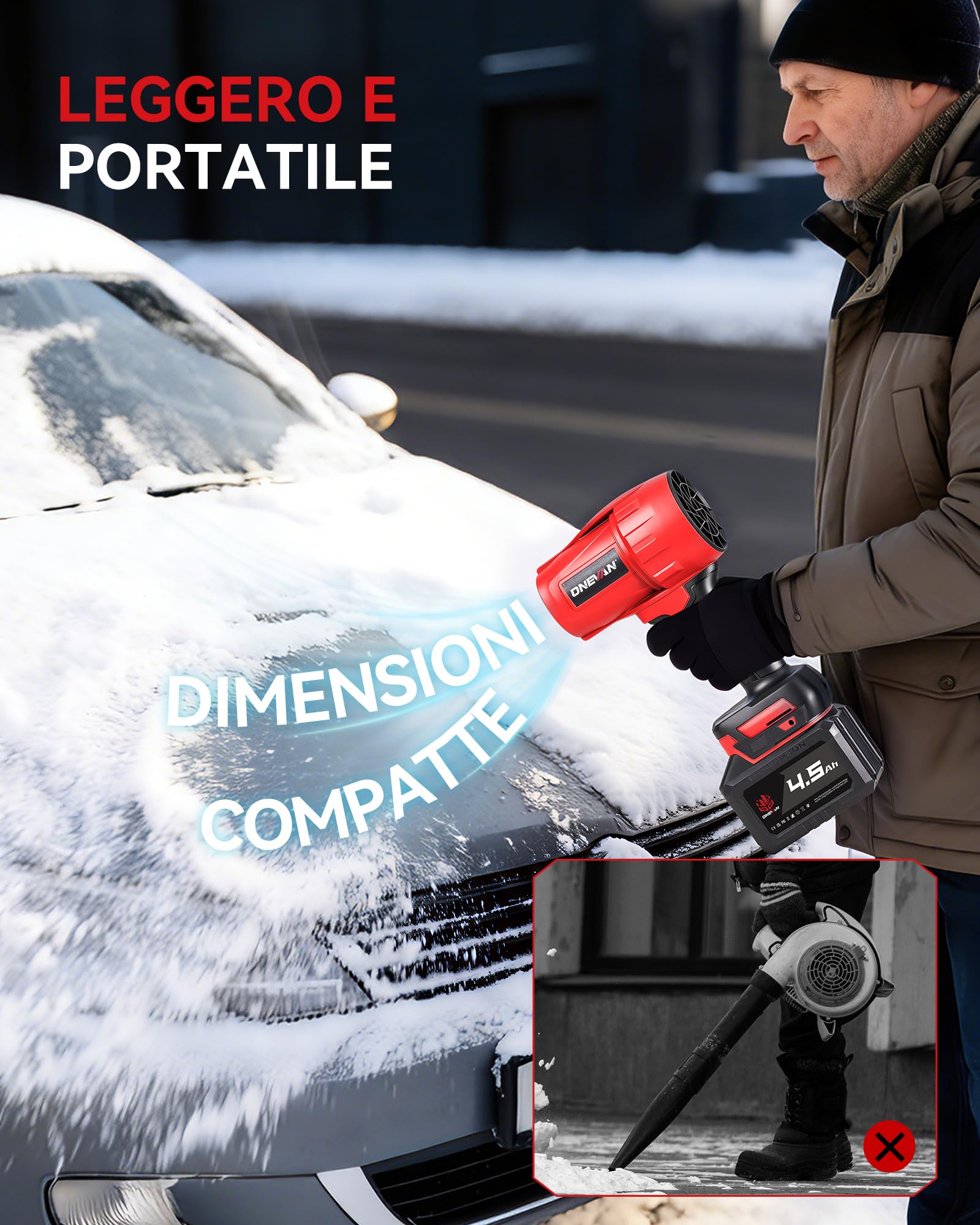 ONEVAN Turbo Soffiatore a Batteria, 600km/h Soffiatore per Foglie Brushless con 2 Batterie 4,5Ah e Caricabatterie 1,2A, Forza Soffiante 1,5kg, Soffiatore Elettrico Portatile per Foglie, Polvere e Neve