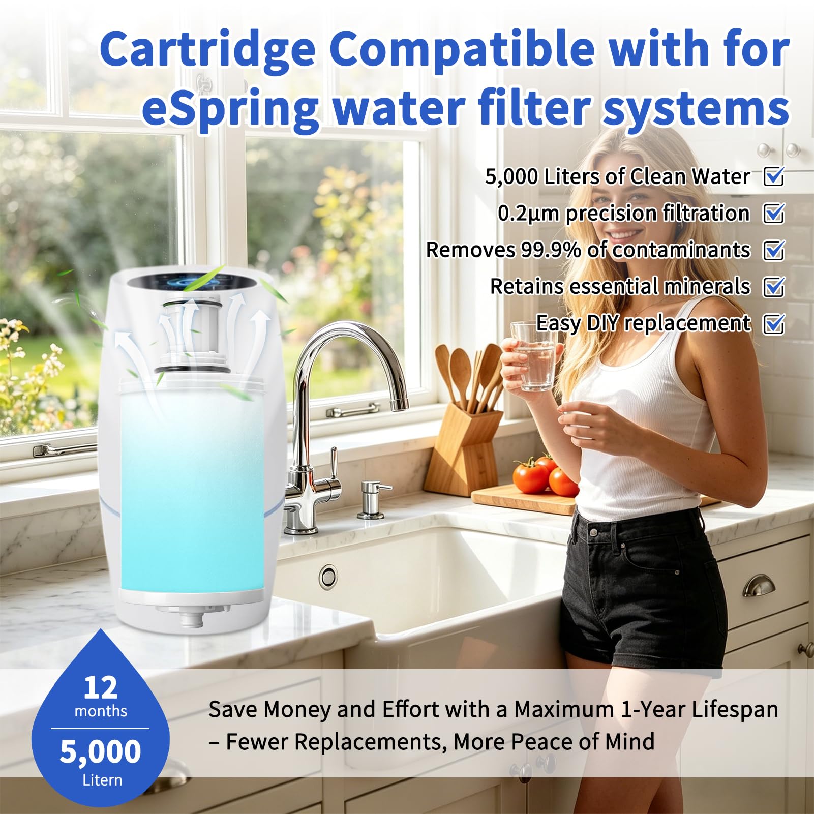 Cartuccia filtro dell'acqua, cartucce di ricambio compatibili con eSpring System 100186, filtrazione a carbone attivo, filtrazione 0,2 μm