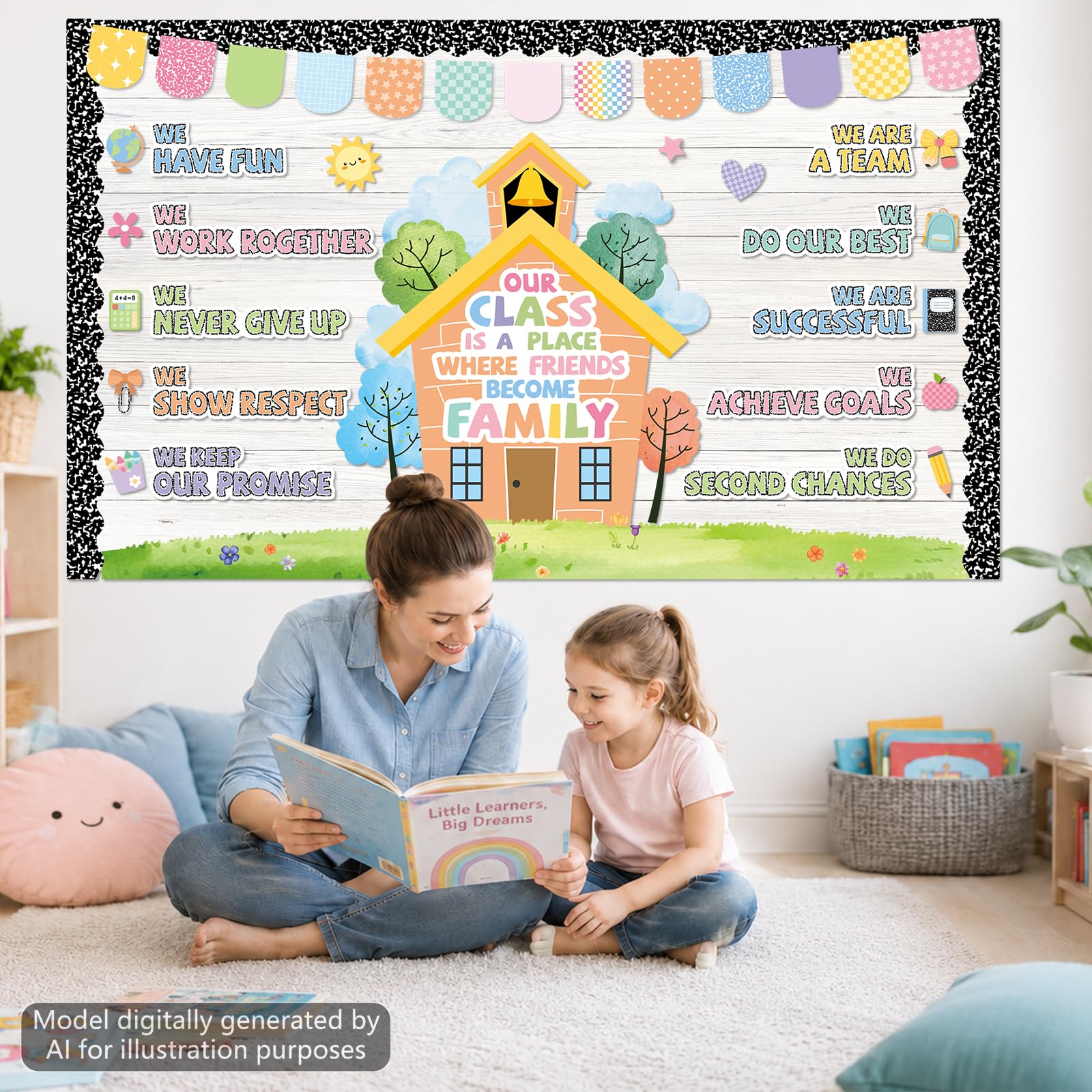 Tablero de anuncios motivacional para decoración de aula, composición Nuestra clase es una familia, tablón de anuncios de afirmación positiva, decoración de aula, recortes inspiradores para volver a