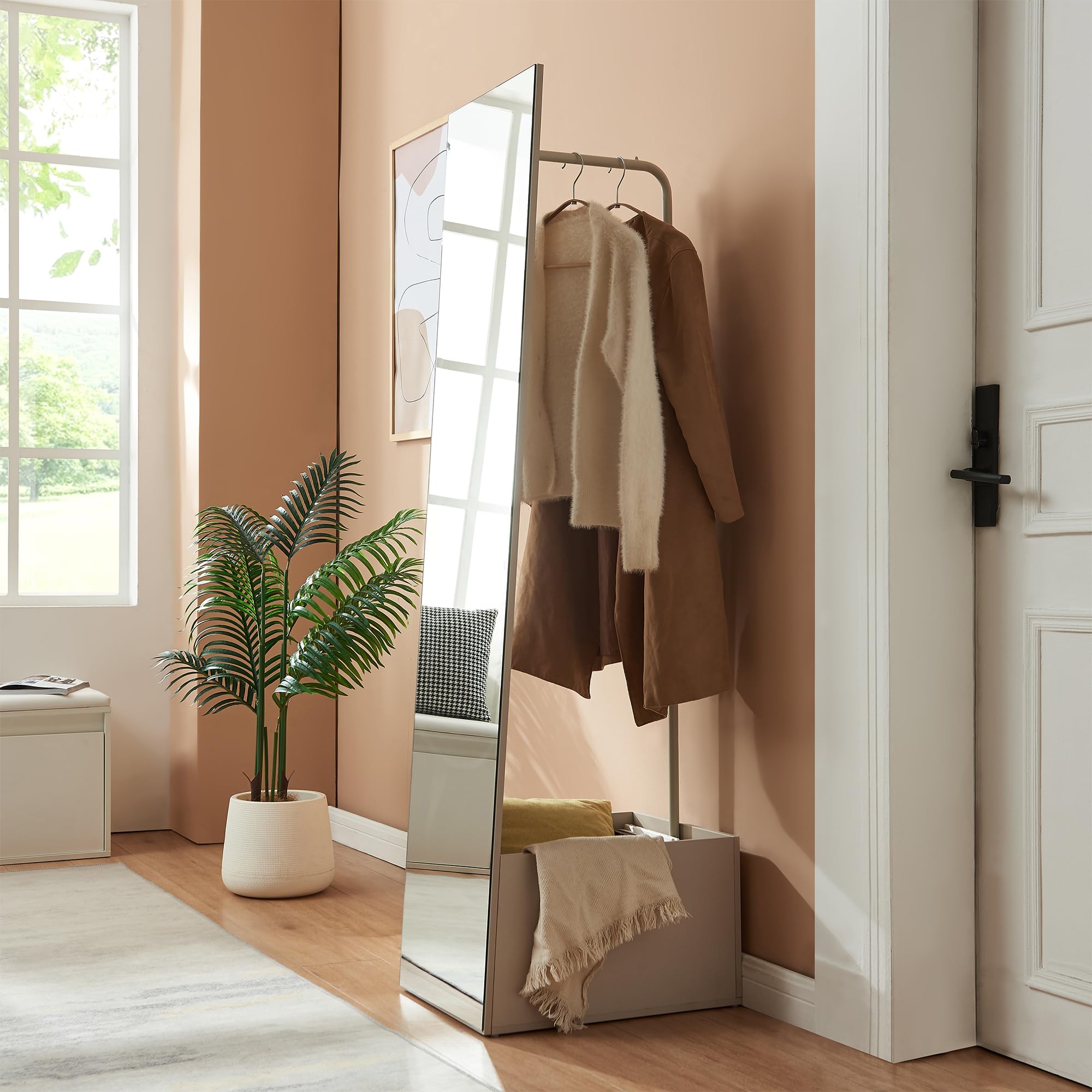 [en.casa] Specchio a Figura Intera con Stand Barra Appendiabiti Specchio Rettangolare da Terra e Vano Porta Oggetti Vestiti per Ingresso Camera da Letto Guardaroba 165x40x51 cm - Avena Oatmeal