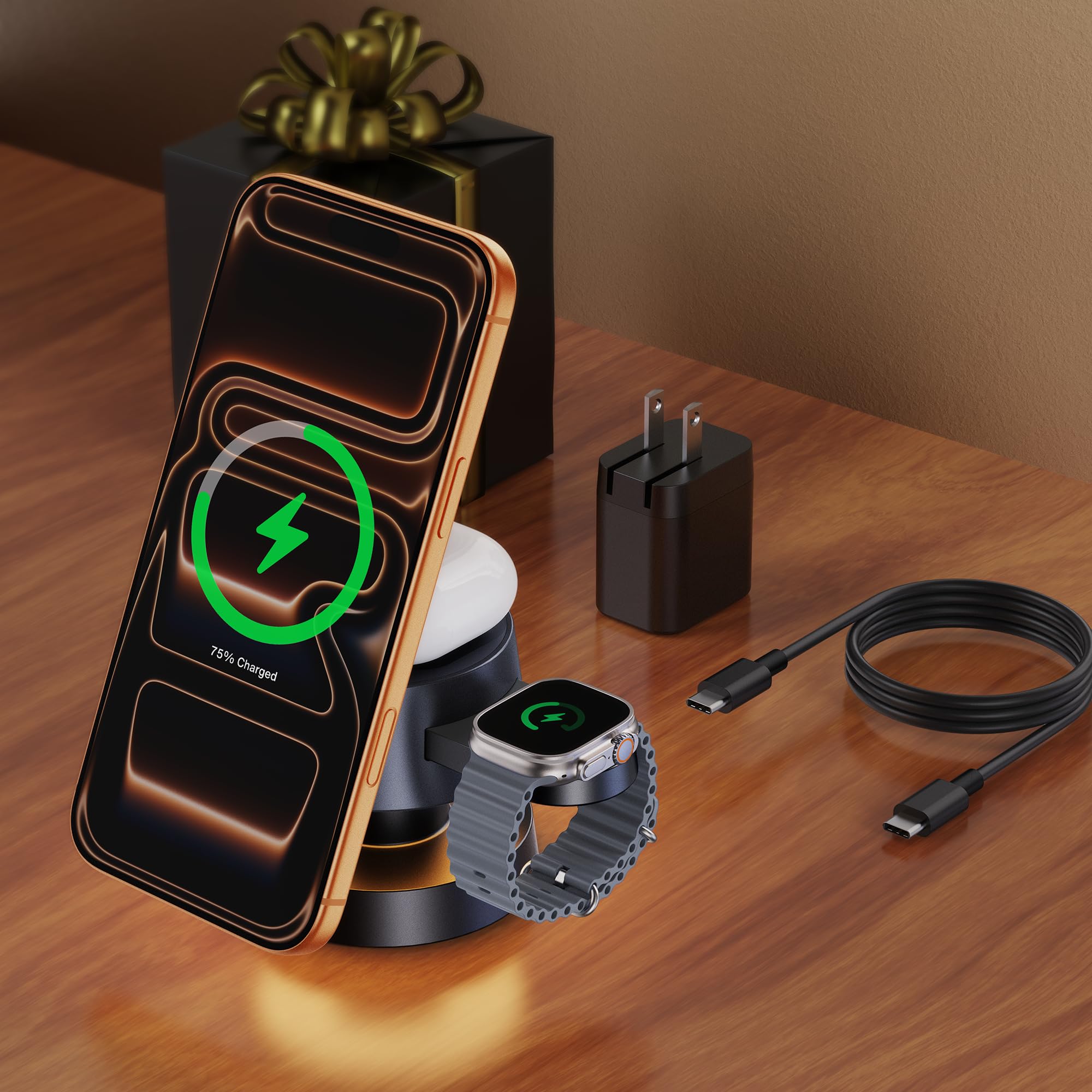 iVANKY 4 in 1 Wireless Charger for iPhone 17 Charging Station with Night Light, 15W 3 in 1 Travel Stand for MagSafe Charger for iPhone 17/16/15/14 Pro/Max/Air Apple iWatch Airpods (with 33W Adapter)