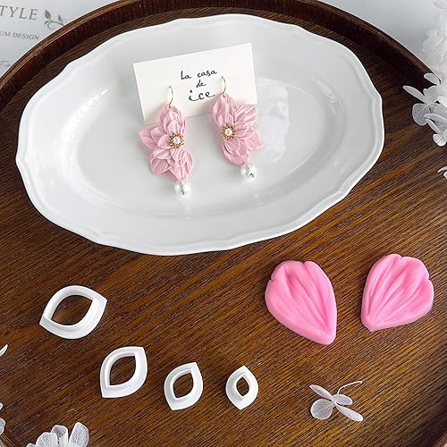 Miniatura 2 de meeeyya Cortadores de arcilla de pétalos de flores para hacer aretes, 4 cortadores de arcilla con 1 molde de arcilla polimérica de prensa de