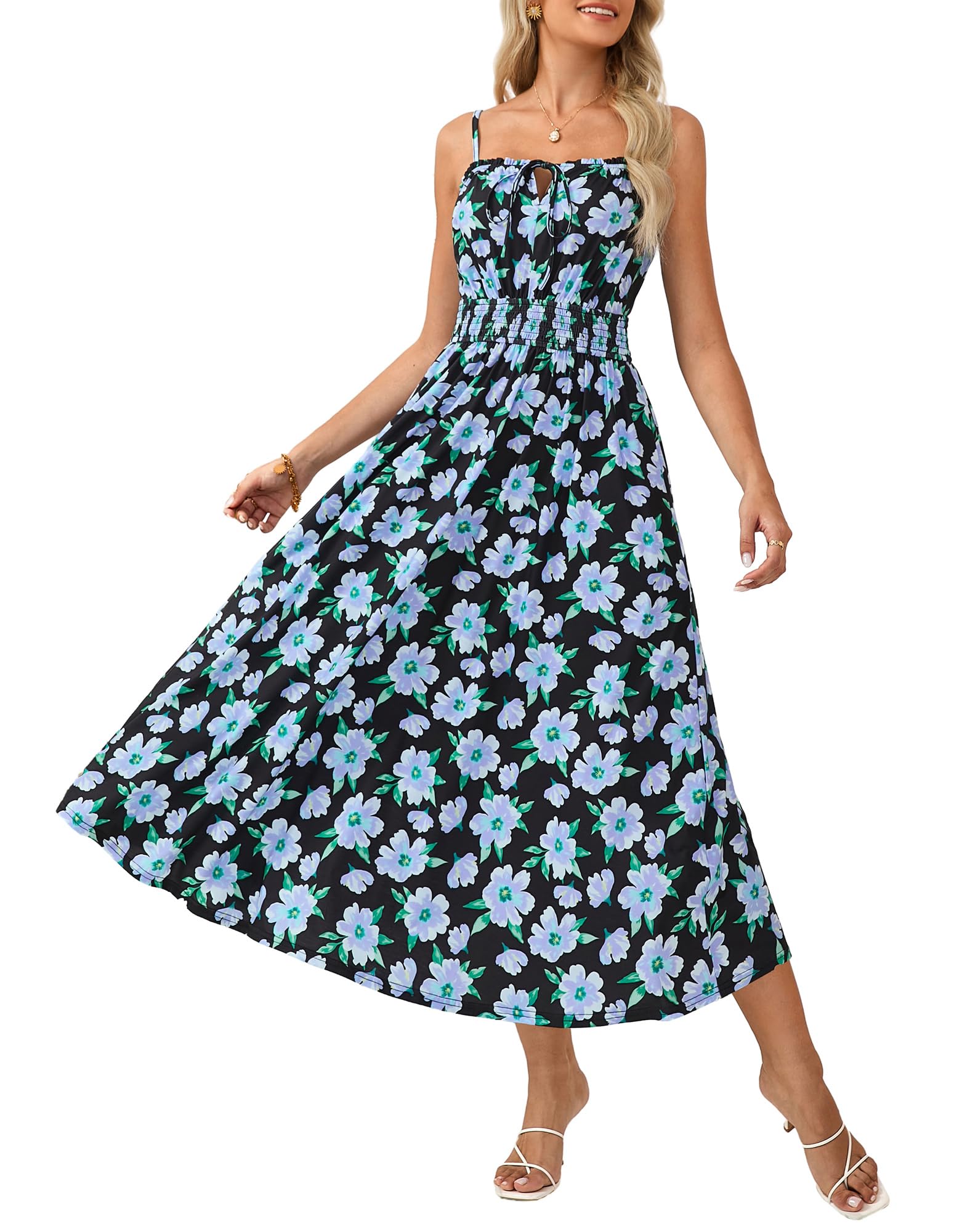 GRACE KARIN Damen Boho-Blumenkleid Lässiges Ärmelloses Maxikleid mit Spaghettiträgern Falten und lockerer A-Linien Strandkleid Festliches Kleid mit Taschen