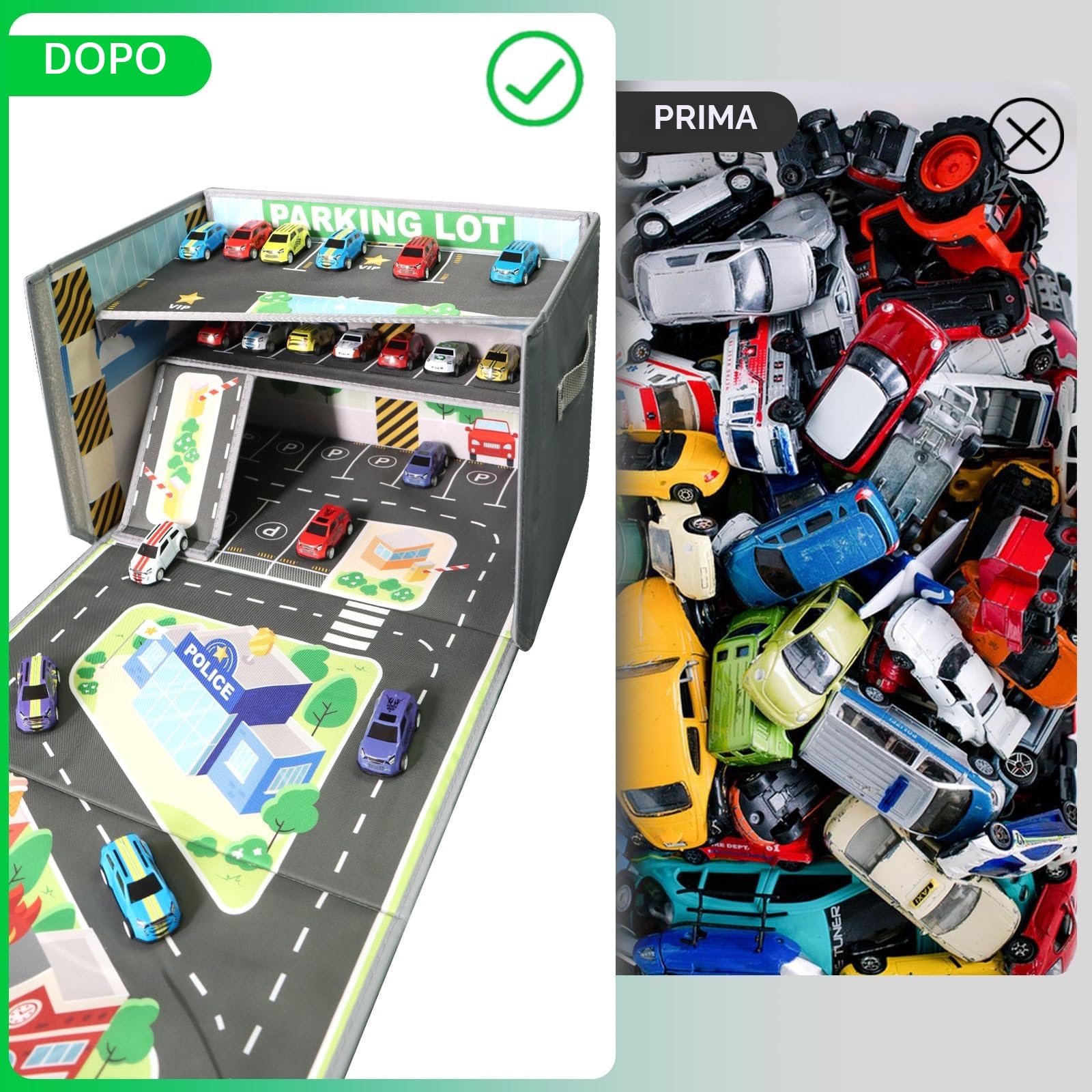 Scatola Portaoggetti per Auto Giocattolo, Pieghevole Garage per Bambini con Tappetino da Gioco, Baule Portagiochi Bambini con Coperchio