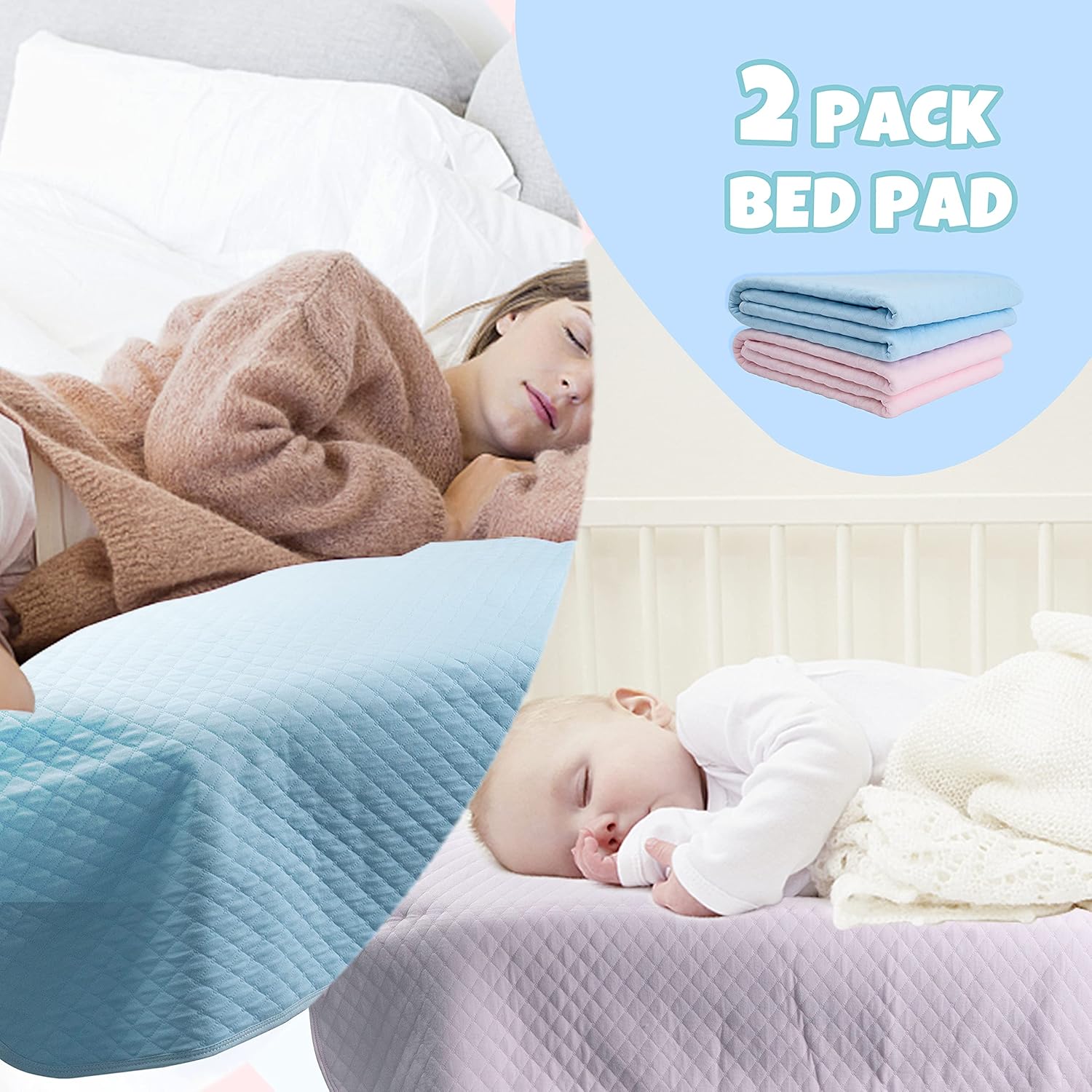 [Upgrade] CLOVERCAT 2 Pack Large Size 35x27” Bed Pads Washable Waterproof Mattress Protector, Reusable Pee Pads for Bed Wetting Toddlers, Adults, Elderly, Women or Kids, Children Waterproof Mattress : Health & Household