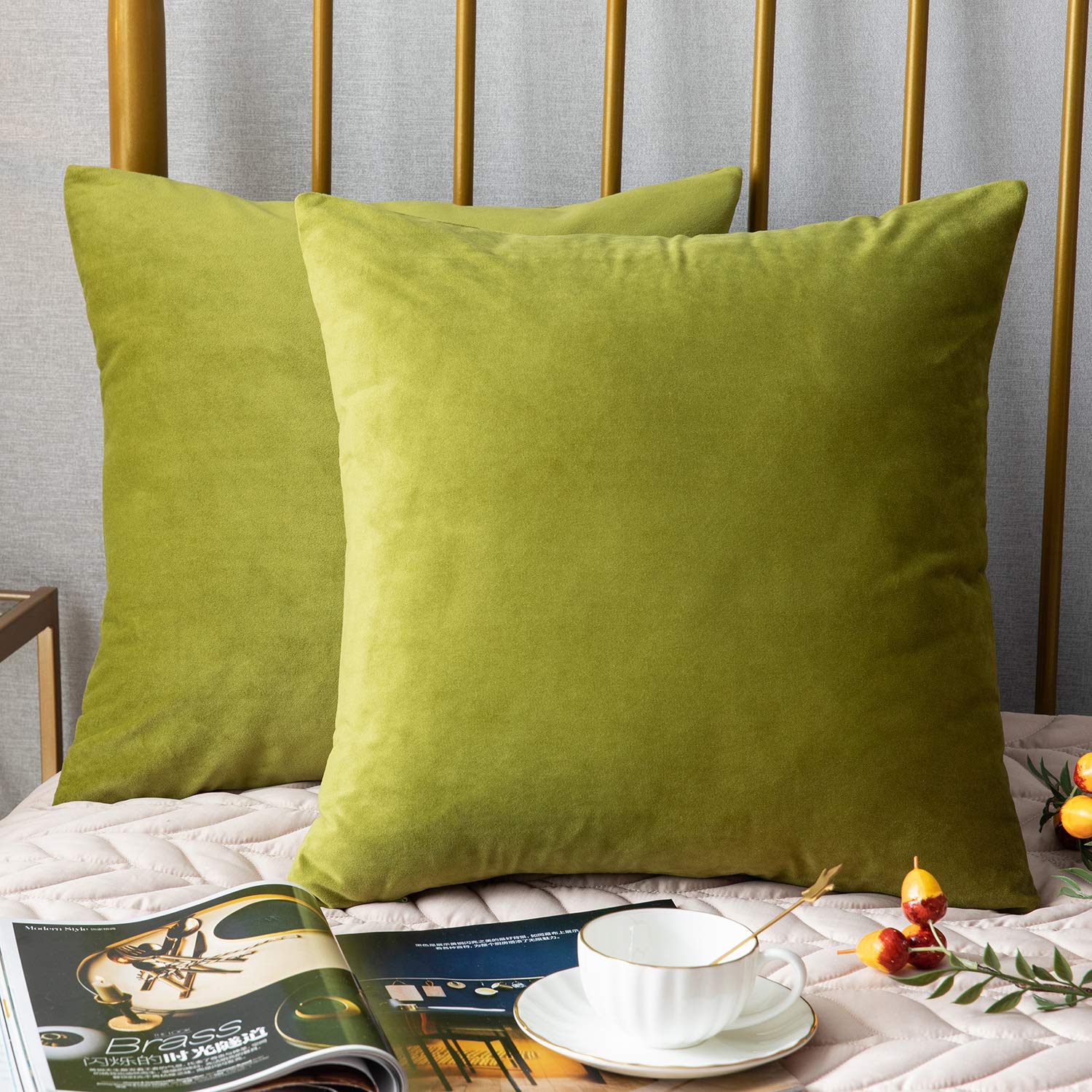 Couch Pillow Cases 16x16 Chartreuse: 2 Pack Cozy Soft Velvet Square Throw Pillow Covers for Farmhouse Home Decor