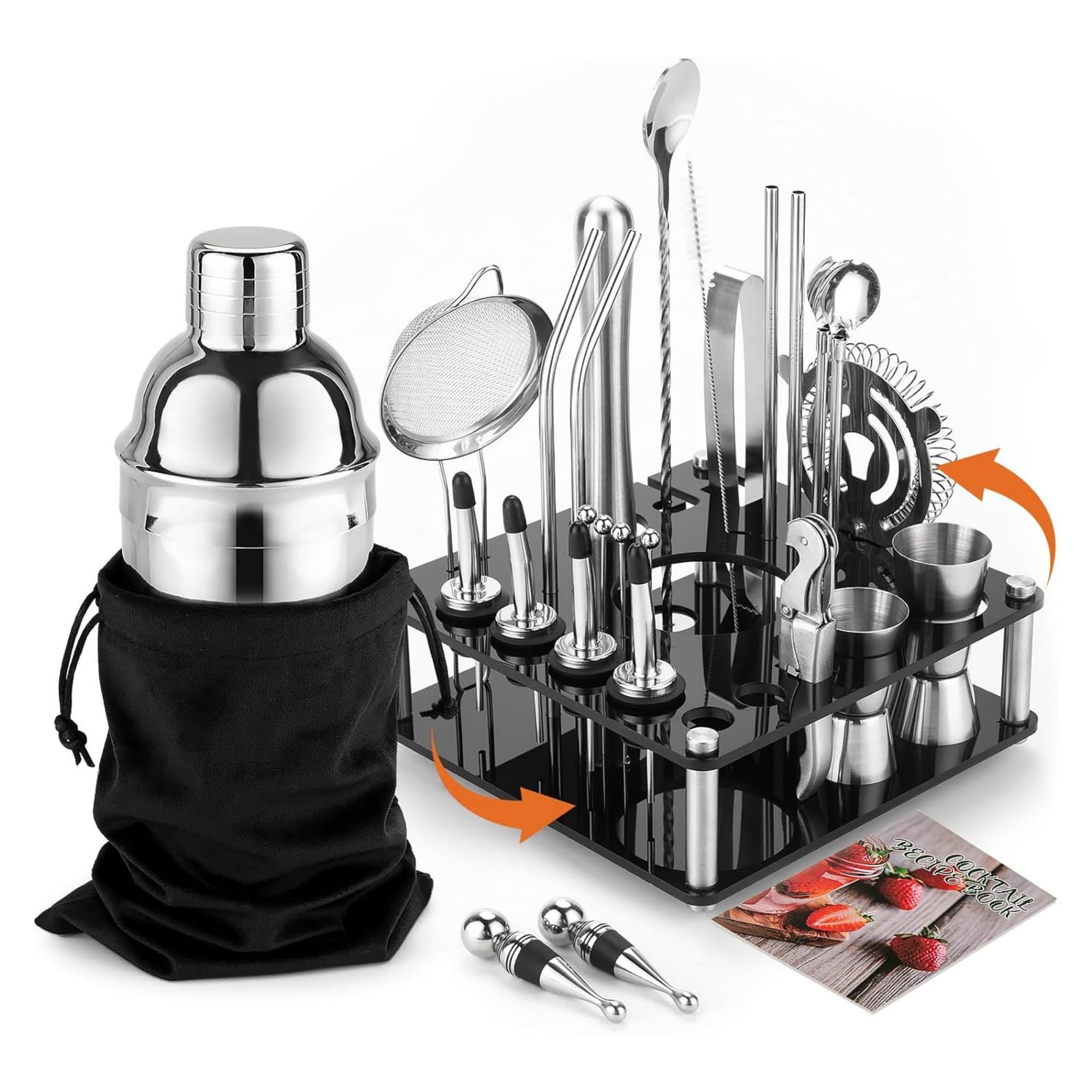 KINGROW Cocktail Shaker Set, 29‑teiliges mit dreh Ständer, 750ml Silber