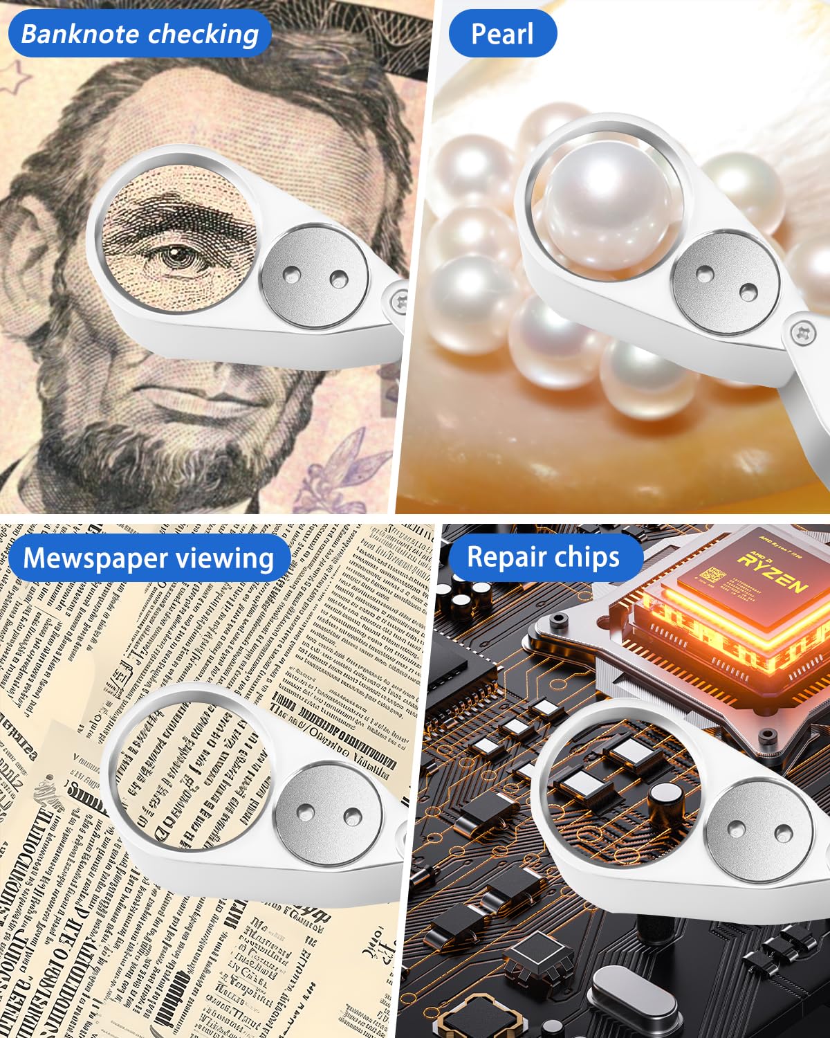 Lupa jubilerska LED, powiększenie, 40x, lupa jubilerska do kamieni szlachetnych ze światłem UV, składana lupa, metalowa, składana, do biżuterii, monet, zegarków, banknotów, znaczków pocztowych