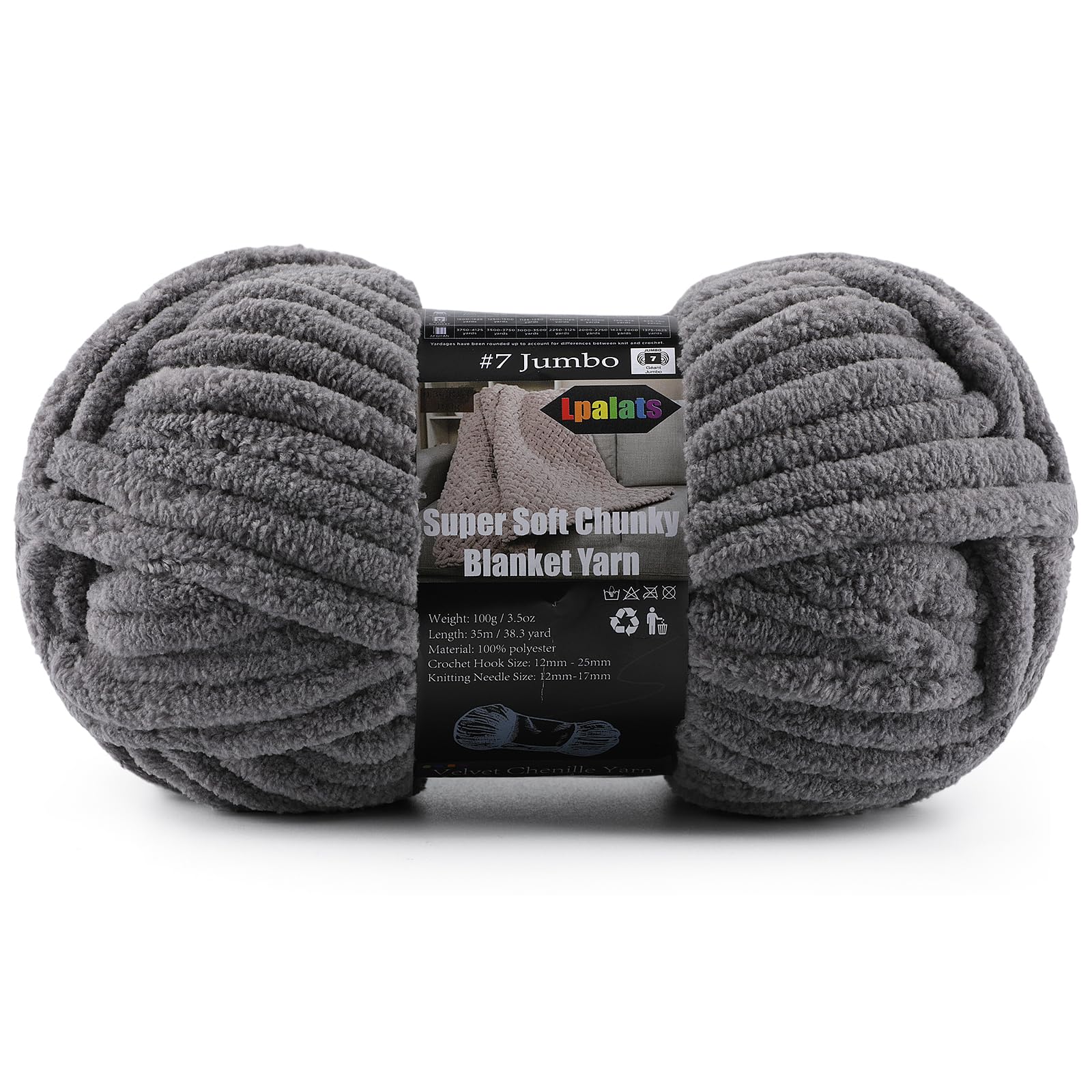Super Soft Chunky Chenille Yarn for Crocheting &amp; Knitting - 3.52oz/38.2yd per Skein, Ultra Plush Velvet Yarn for Baby Blankets, Amigurumi &amp; Crafts, Charcoal Gray, 1 Skein