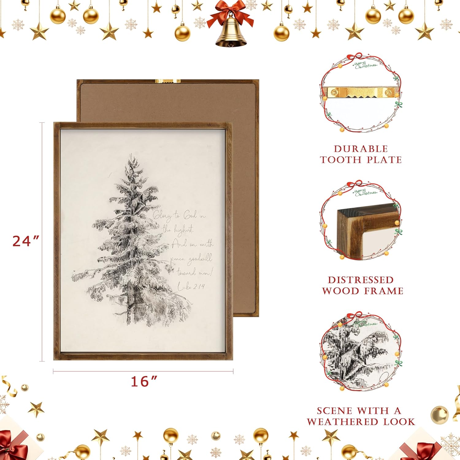 Ronasip Vintage Framed Christian Wall Art - Sketch Pine Trees Biblical Painting With Scripture 'Glory To God In The Highest' -Rustic Wall Sign, Winter Scene Wall Art Decor, Home Decor (16"x24", Brown)