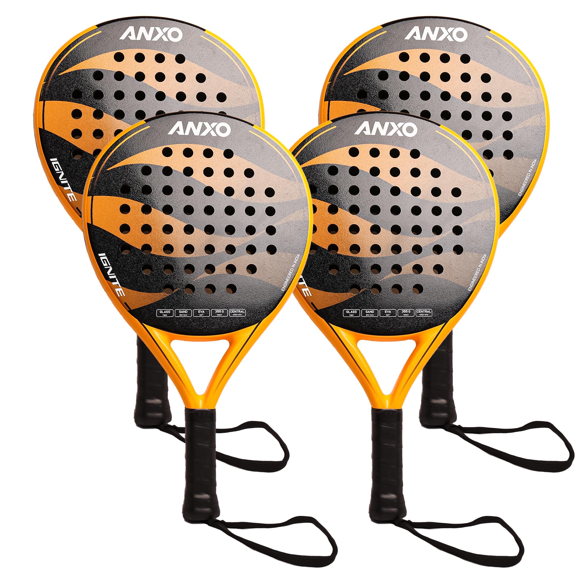 ANXO Ignite Padel Racket | Lightweight Glass Fiber Frame | EVA 15 Soft Core | 36mm Thickness | 358g ±10g | Glossy & Sandy Texture | Central Balance for Control & Power | Pack of 4