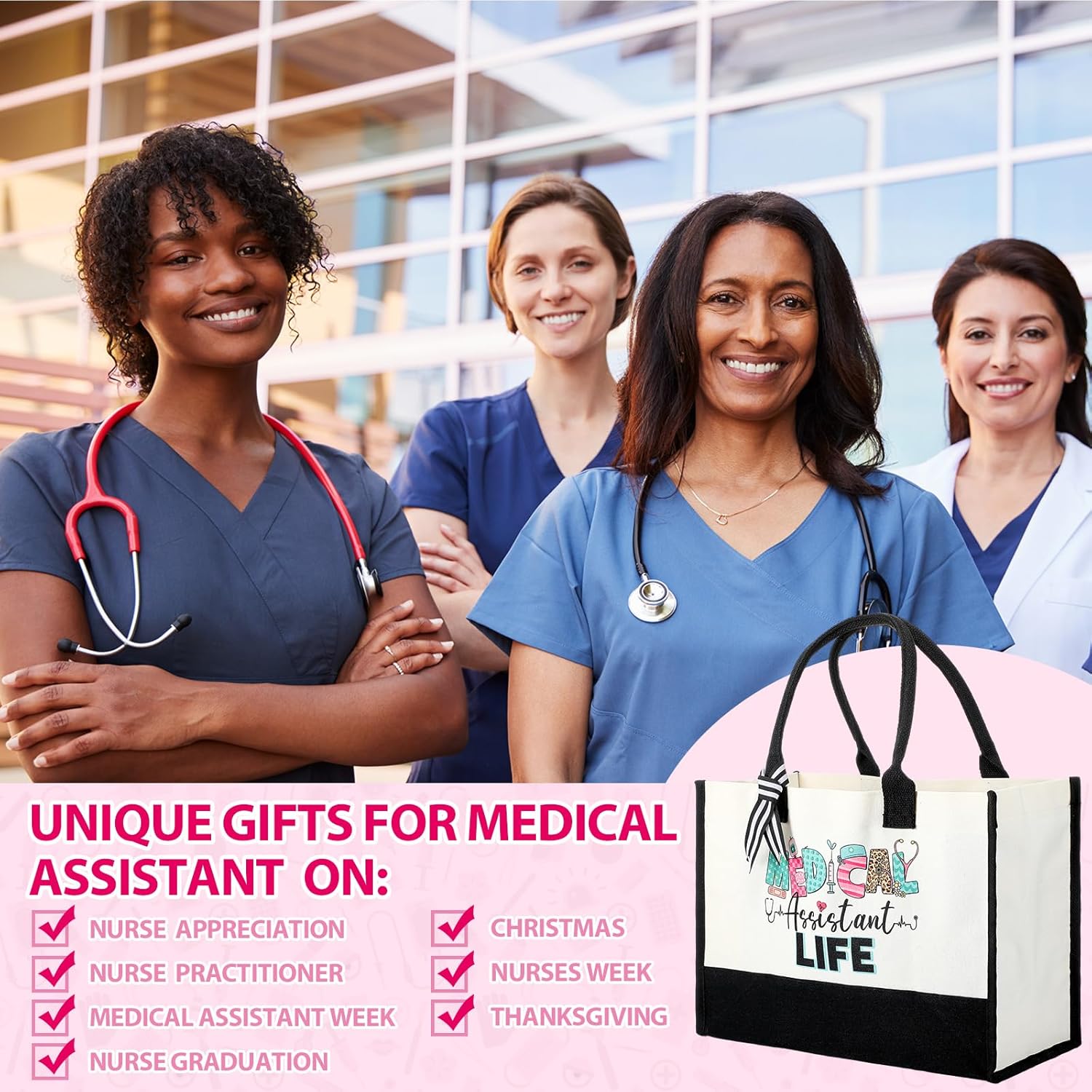 Skylety 9 Pcs Nurse Medical Assistants Gift Set for Women Trapezoid Grocery Canvas Tote Bags with Handle Glass Jar Tumbler Scented Candle Badge Reel Socks Novelty MA Nurse Week Appreciation Gift