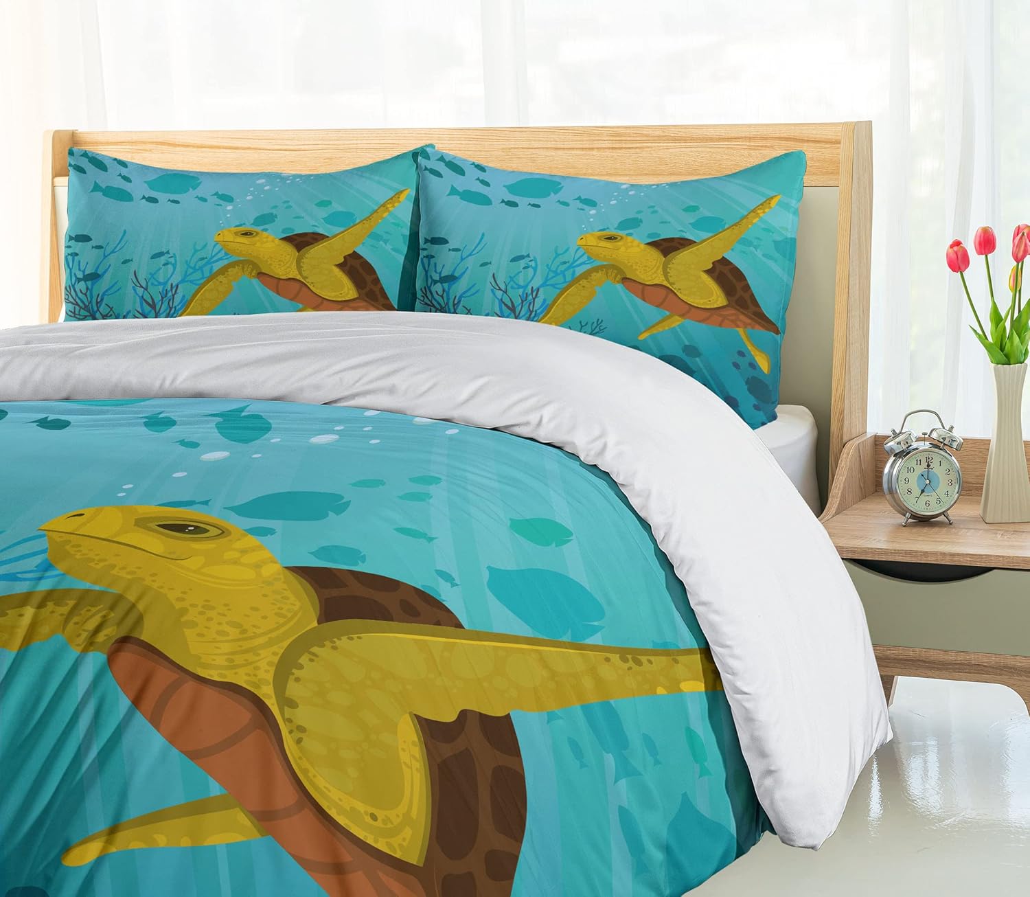 Ambesonne Turtle Duvet Cover Set, Cartoon Animal Under The Sea Silhouettes of Fish Sun Rays Coral, Decorative 3 Piece Bedding Set with 2 Pillow Shams, Queen Size, Turquoise Mustard Brown