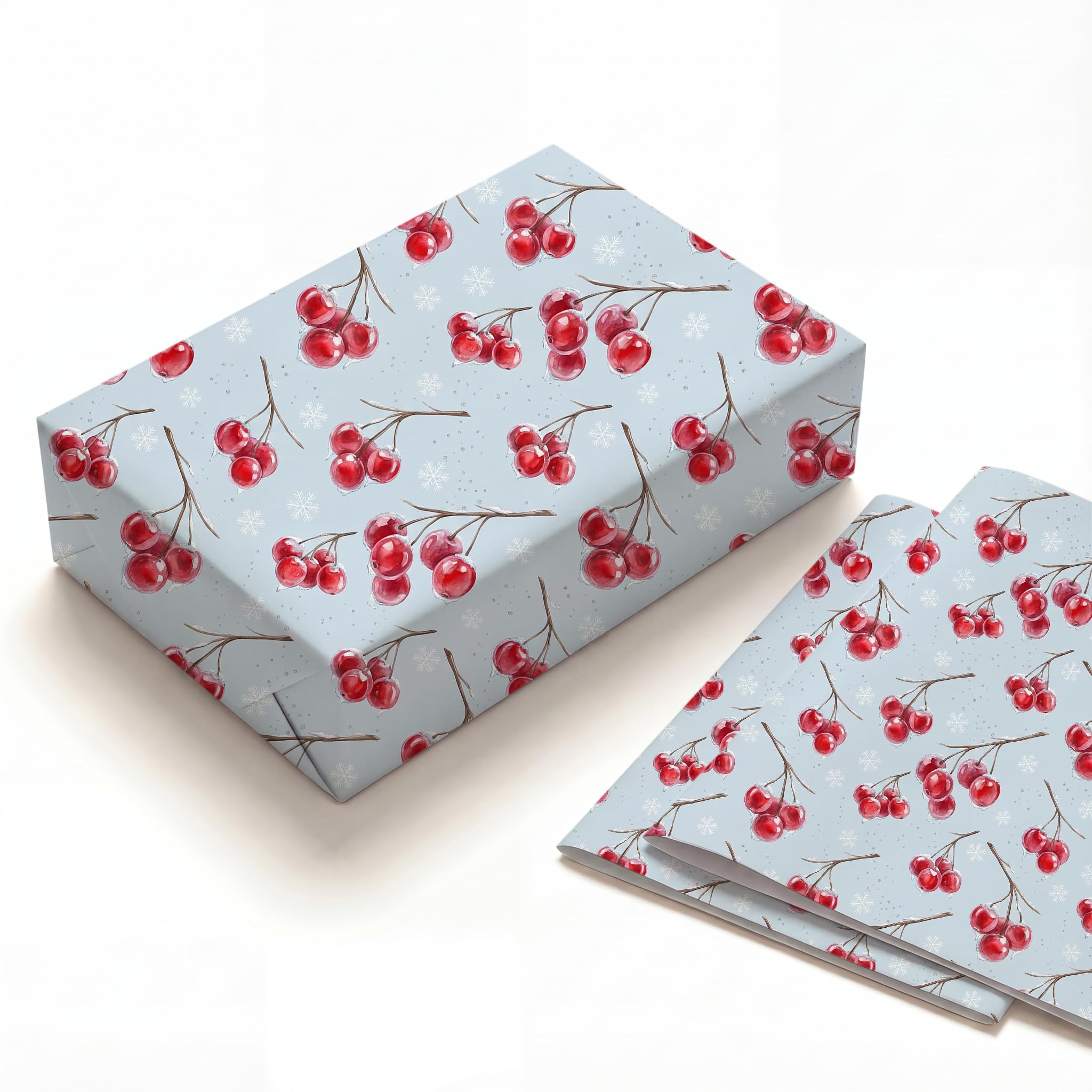 Watercolor Frozen Berries Wrapping Paper, 2 Sheets Folded Flat Gift Wrap, Heavyweight Kraft for Winter Wonderland Christmas Holiday, Snow Cherry Aesthetic Present
