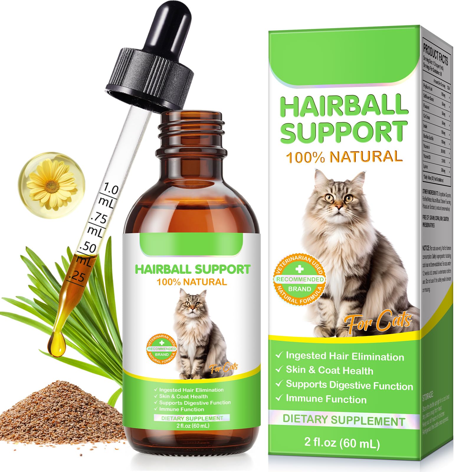 JSBNQRMZ Cat Hairball Remedy Liquid Drops 60ml | Natural Fiber & Probiotics for Hairball Control & Digestive| Healthy Skin & Coat, Vitamins for Immunity | Chicken Flavor, Easy-to-Use Oral Drops
