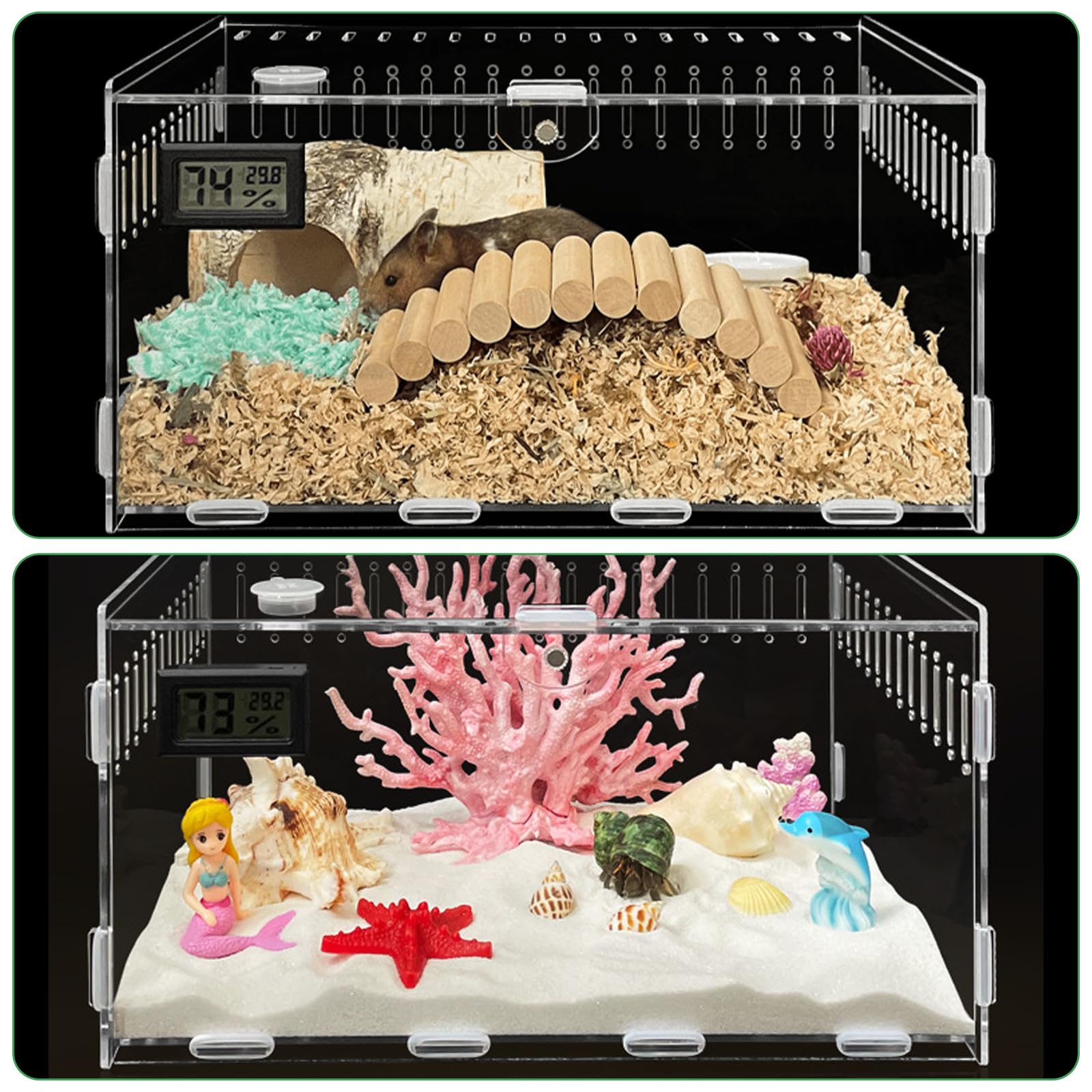 Acryl Terrarium Schnecken Terrarium mit Temperaturhygrometer, 30 * 20 * 15cm für Kinder, Wasserschildkröten, Spinnen & Hamster, Echse