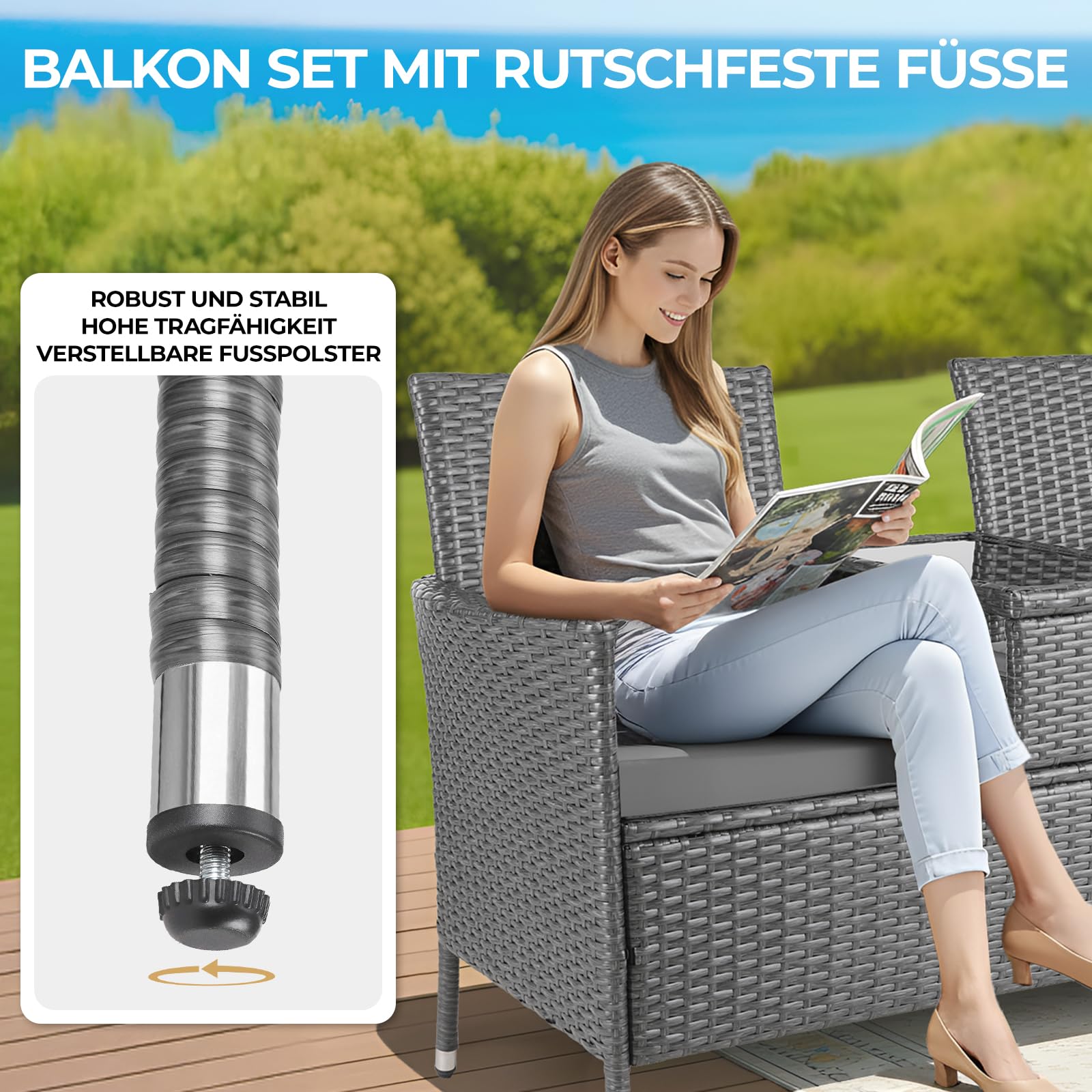 Clevich Banc de Jardin en Rotin avec Table Intégrée, Salon de Jardin Balcon