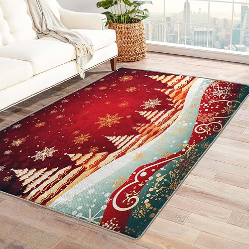 Alfombra de Navidad y decoración del hogar, alfombra de 3 x 4 pies, alfombra de árbol de Navidad y copos de nieve para sala de estar y dormitorio,