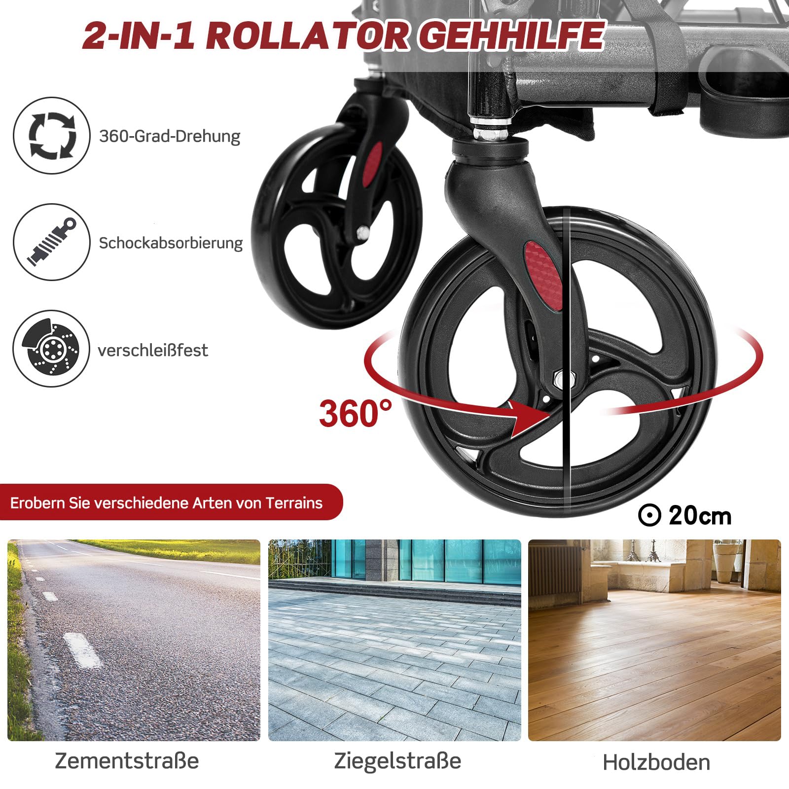 RELAX4LIFE 2-in-1 Rollstuhl Rollator Faltbar und Leicht mit Sitz, Rollatoren 6-fach höhenverstellbar, Leichtgewicht Reiserollator Aluminium, Gehhilfe mit Gummireifen, Tasche, Stockhalter (Schwarz)