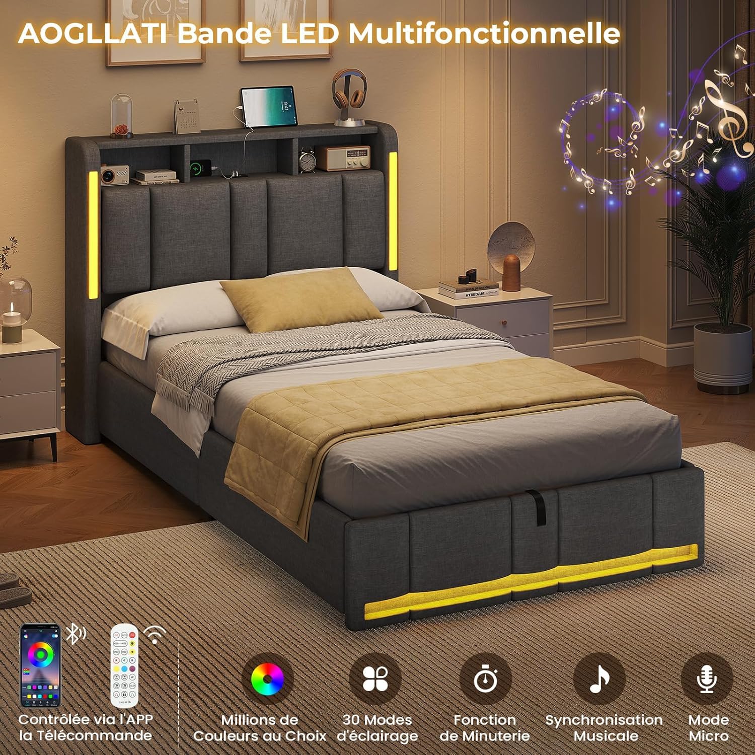 AOGLLATI Cama Individual 90x200 cm, Cama Canape con Almacenamiento Hidráulico y iluminación LED, Somier con Estación de Carga y Cabecero Tapizado, Moderno, Gris Oscuro, Sin Colchón